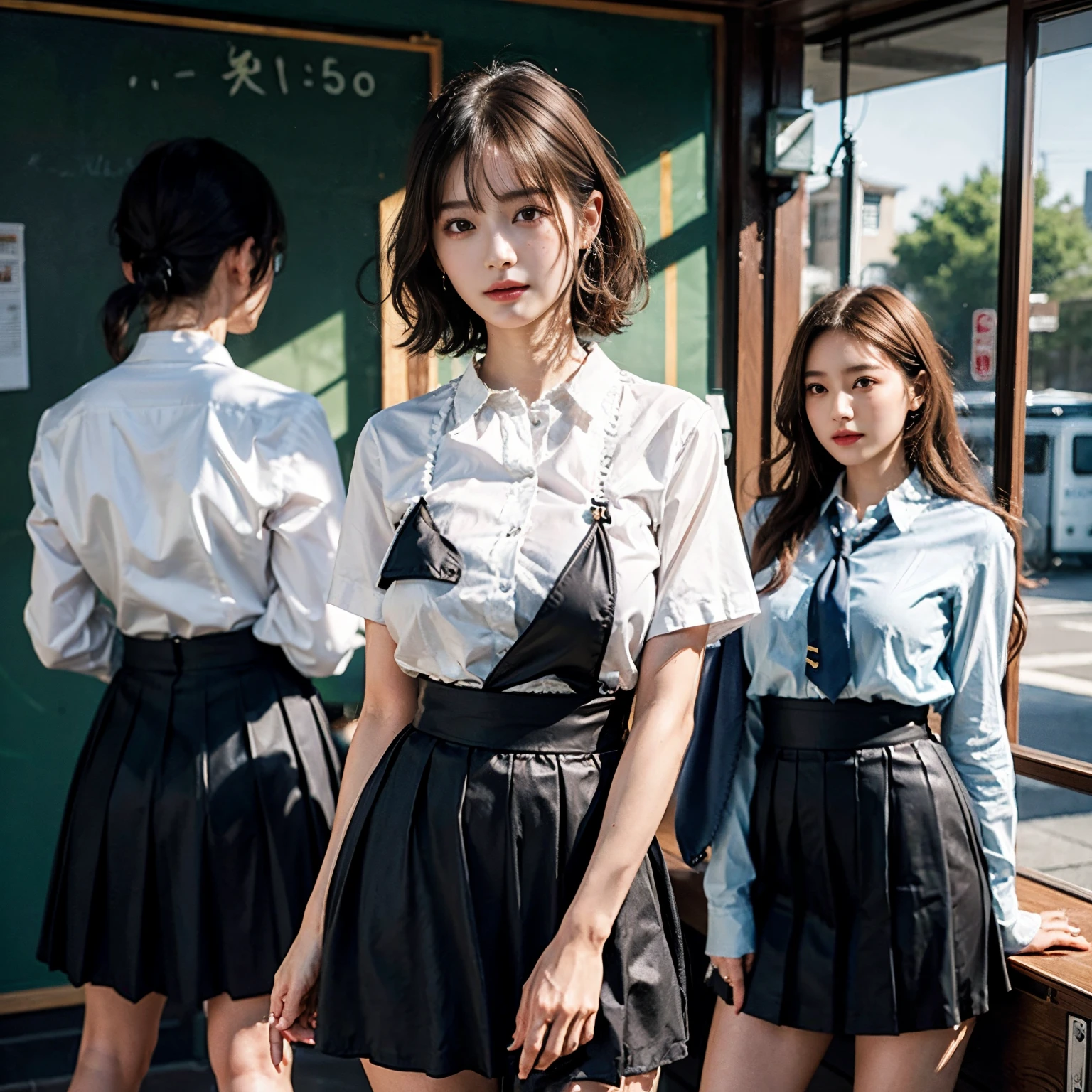 absurd res, RAW photogr, Extremely Delicately Beautiful, tmasterpiece, Best quality at best, 超高分辨率, 16k, Hyper-realistic, ultra - detailed, Very detailed CG 8k wallpaper, beautiful light up, Perfect lightning, realistic shaded, perfect anatomia, Ultra-delicate skin, perfect bodies, in her 20s, Very slim figure, Willow waist, the head is small, The eyes and face are very detailed, Real face proportions, Amazingly detailed eyes, realistic beautiful face, The face is small, Realistic little beautiful eyes, 二重まぶた, tear-mole, Mole on the chest, 耳Nipple Ring, The legs are beautiful and thin, Beautiful and thin thighs, (very huge round breasts:1.3), (short detailed hair), (curlies), (Summer school uniform:1.3), (Formal shirts:1.3), (tiese), (midriff peek:0.1), (Sleeveless:0.1), (Naked arms), (Bare legged), (3 Girls:1.3),