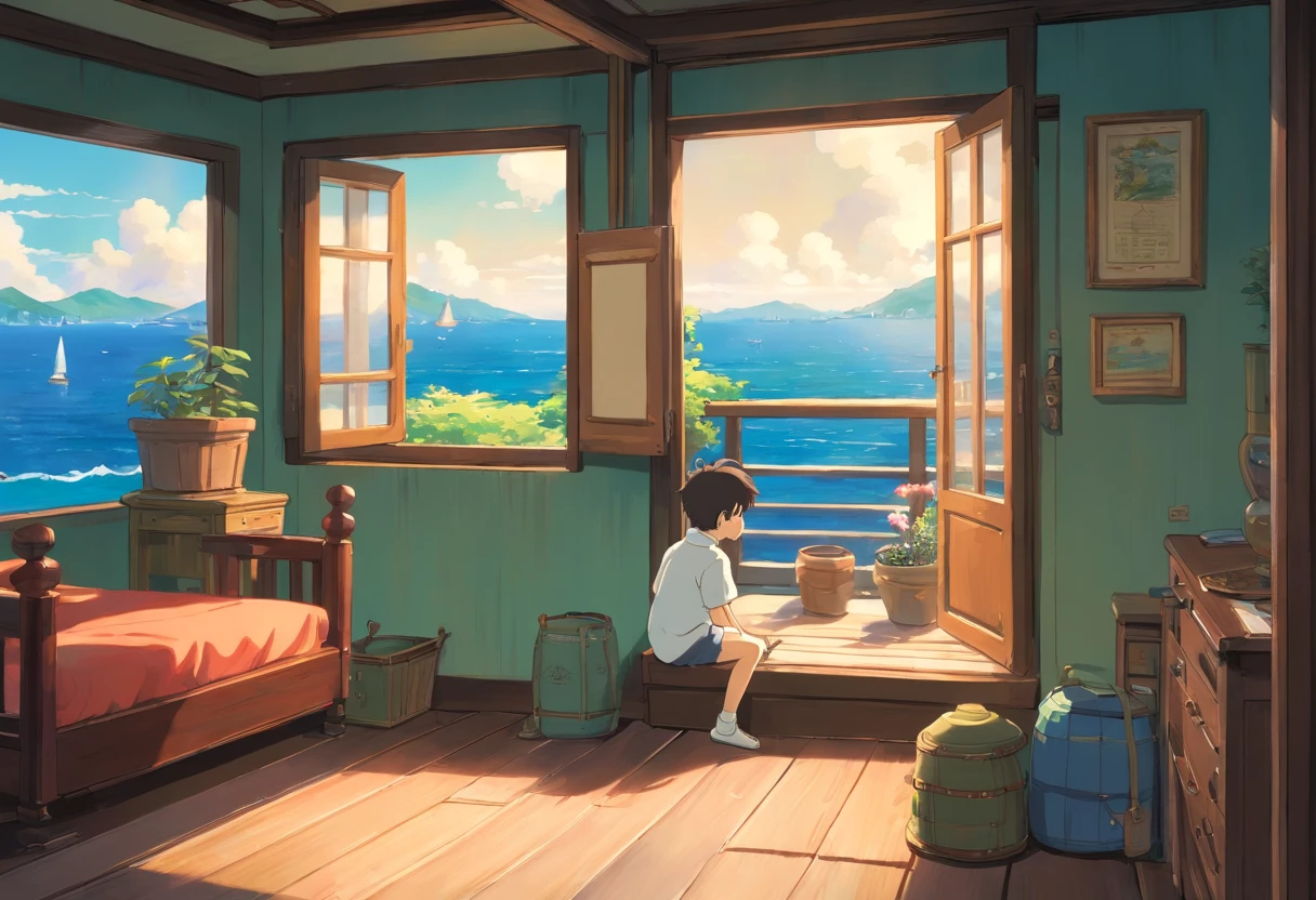 Best quality at best, tmasterpiece, 1 3 years, Alone, f A small town by the sea outside the window, Raise your legs, white clothes, Bedrooms, Beds, wooden floor, sitted, sit on a bed, Place your hands on your legs, Eyes full of light and curiosity,soft expression,Look out the window,gentlesoftlighting, full bodyesbian
