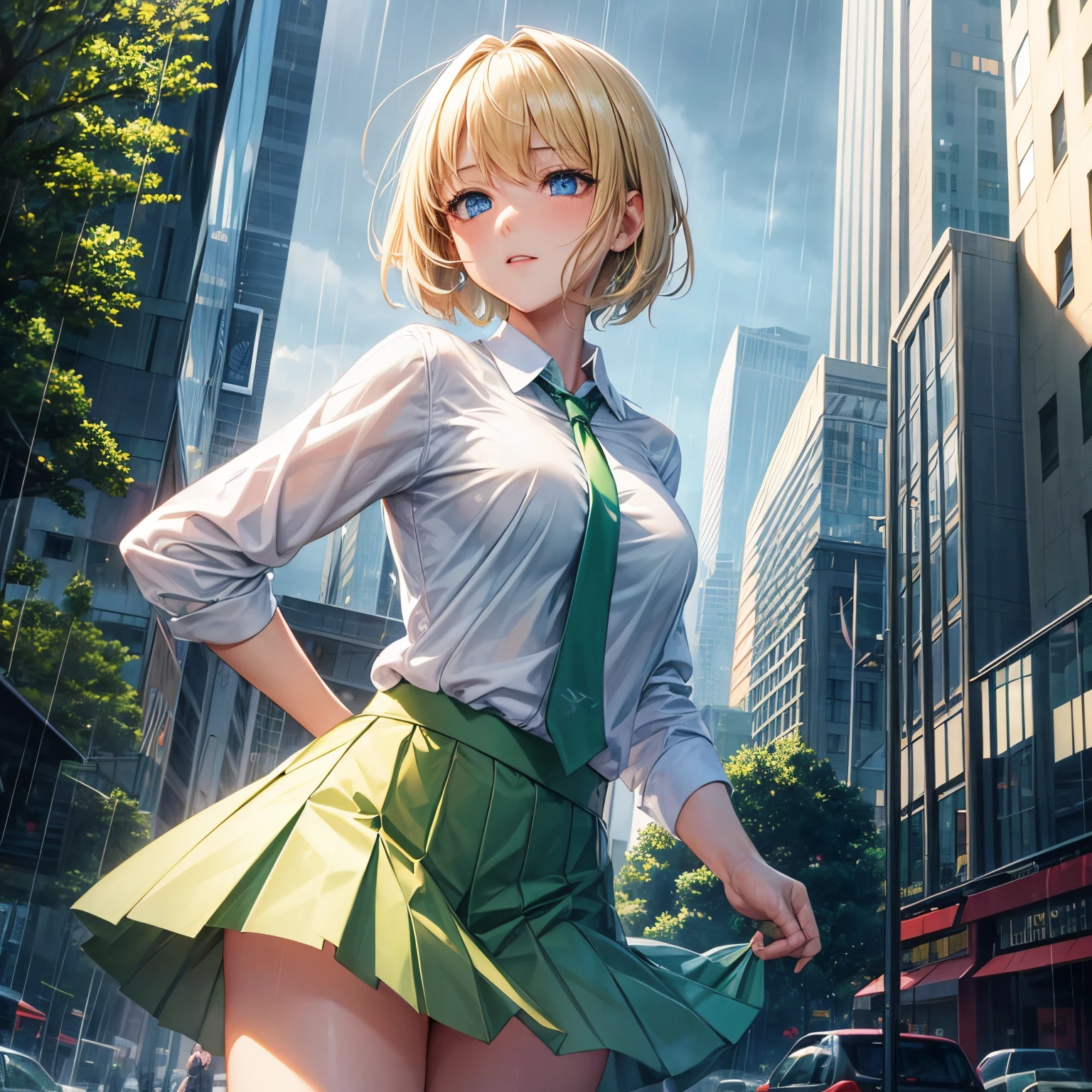 1girl in, a blond, Short hair, Blue eyes, White shirt, Green tie, Green skirt, city, Rain, Detailed background NSFW