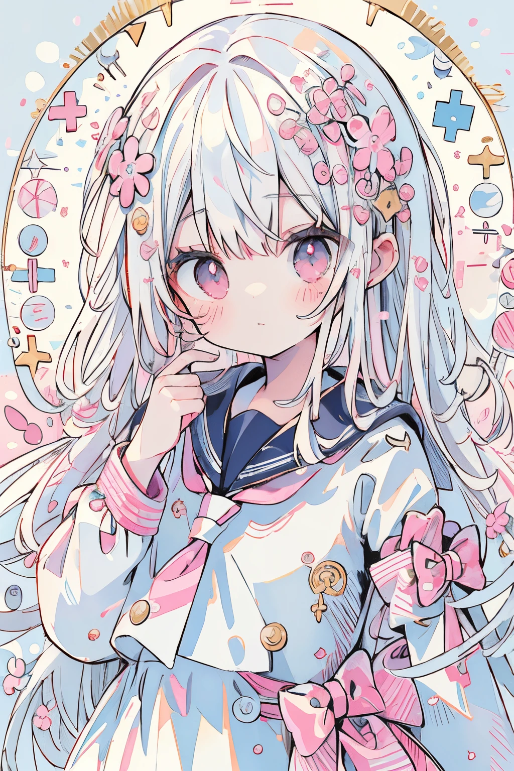 absurderes, hight resolution, (Anime style:1.1), ((masutepiece)), ((Best Quality)), (Ultra-detailed), (Beautiful), 独奏, Beautiful face、Cute *********** s,Wind,White hair、Hair long、Long、Pink eyes、Hair flutters in the wind、White sailor suit、Light blue tie、cute light blue skirt、(masutepiece、masutepiece、8K)Floating in the air(angelicales、Angel wings)(((angelicales)))(((a sailor suit)))((((Circle of Angels))))