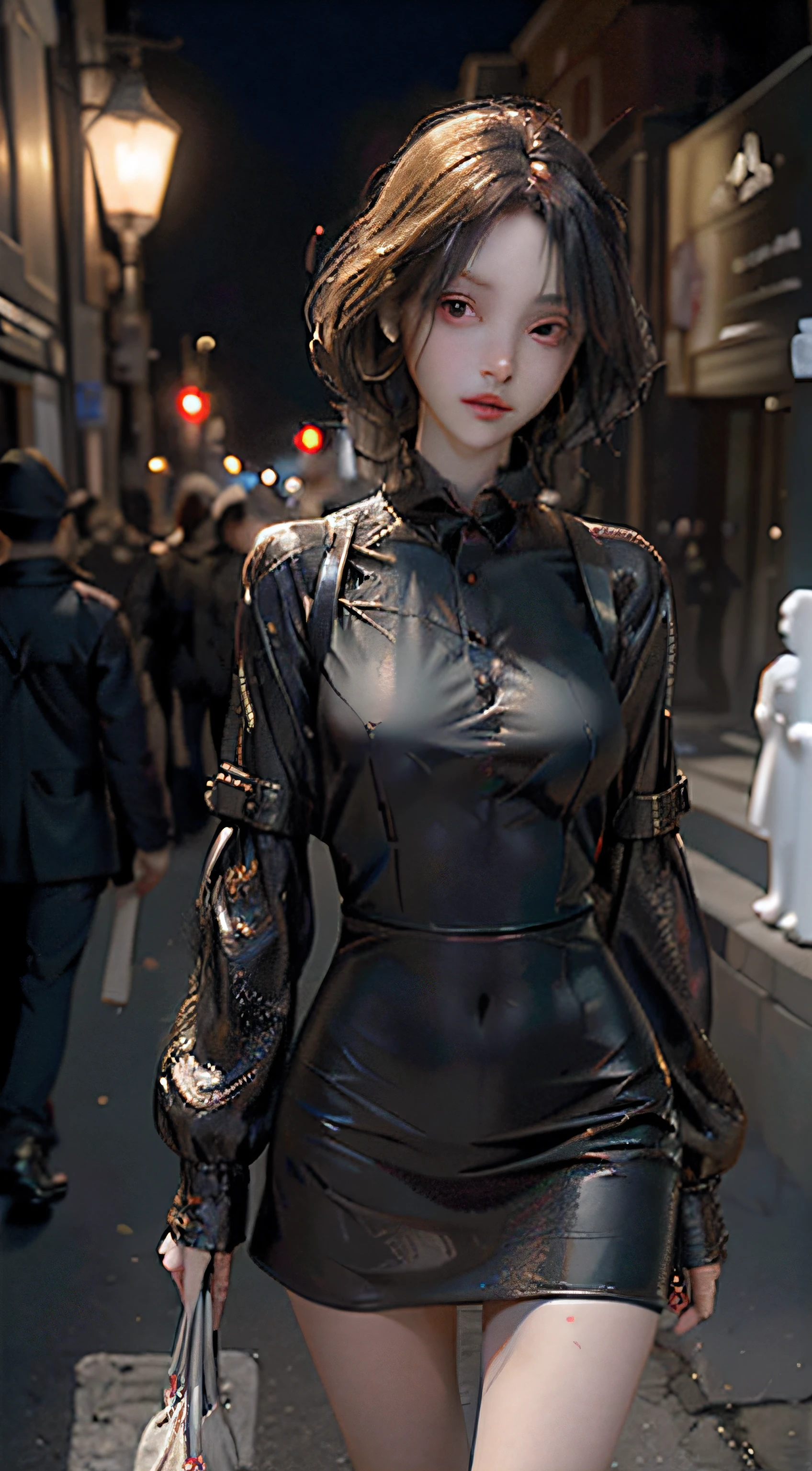 In the darkness of the night, A thinly dressed girl walks on the street, Surrounded by ghosts in twos and threes. Scary realistic style with real people.The clothes are wet and the nipples protrude from the holes in the clothes.