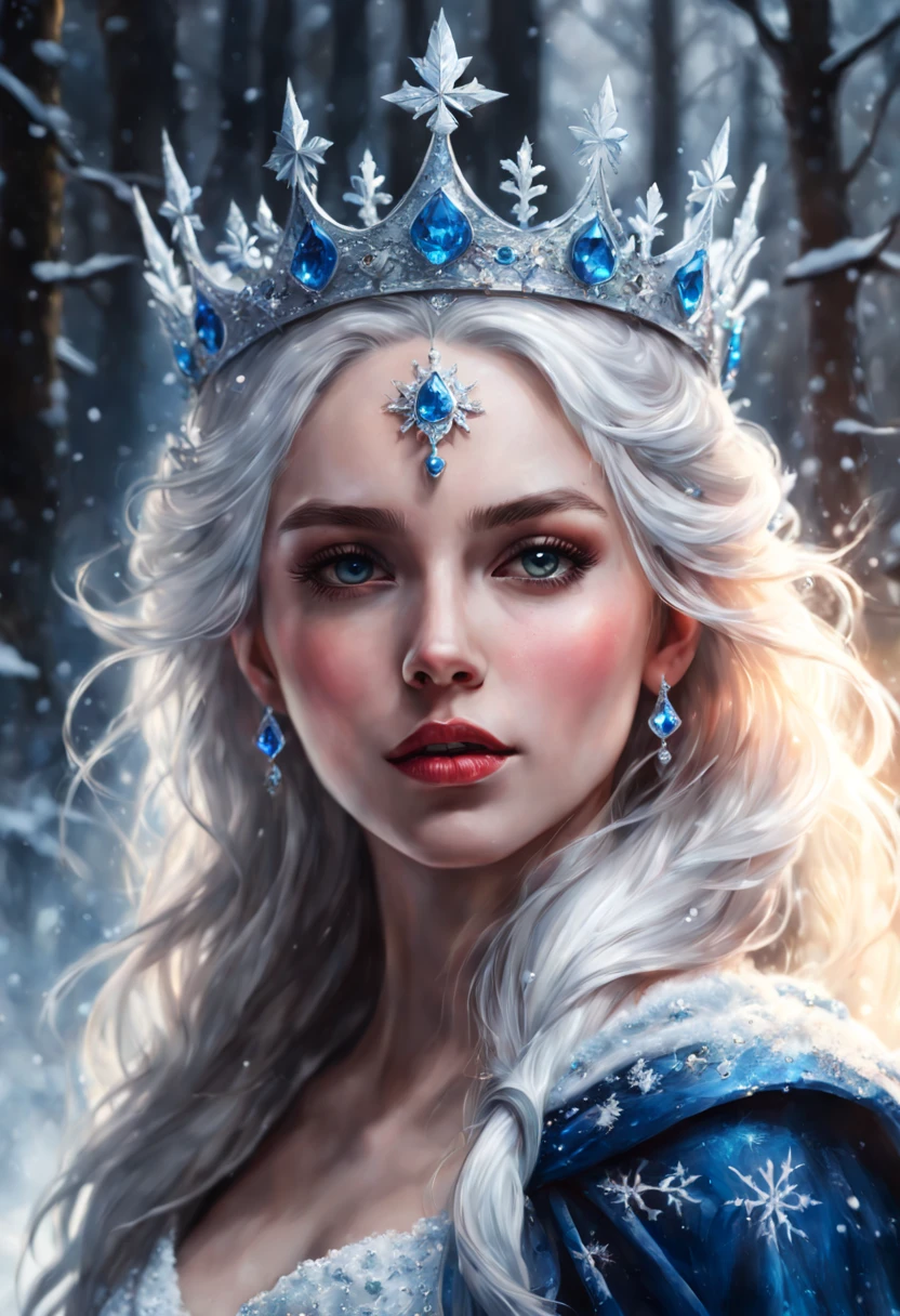 mj, Best Quality, cinematic,  The winter is near, surreal painting of a beautiful winter spirit, gorgeous winter body, pale skin, glowing white eyes, white eyebrows, frozen white lips, sparkling hair, crown from snowflakes, magical spirit clothes, 8k, UHD, masterpiece, hight resolution, delicate detail, realistic, highly detailed, perfect composition, beautiful, detailed, insanely detailed, octane render, trending on artstation, 8k artistic photography, photorealistic concept art, soft, natural, volumetric, cinematic, natural light, epic royal background, big royal uncropped crown, royal jewelry, robotic, nature, full shot, symmetrical, Greg Rutkowski, Charlie Bowater, Beeple, Unreal 5, hyperrealistic, dynamic lighting, fantasy art
 RTX, 4k, Gabriele Dell'otto, AI Midjourney, bright saturated colors, watercolor, oil paints, HDR, 500px, 4k,