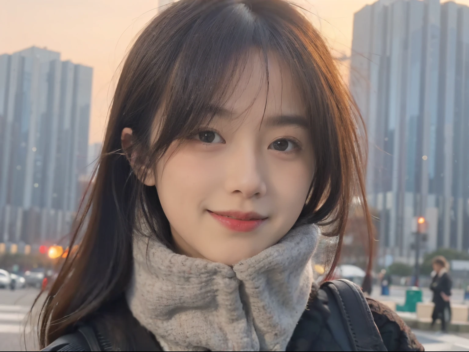 1girl, Tokyo street,night, cityscape,city lights,upper body,close-up,smile,, (8k, RAW photo, best quality, masterpiece:1.2),(realistic, photo-realistic:1.37),