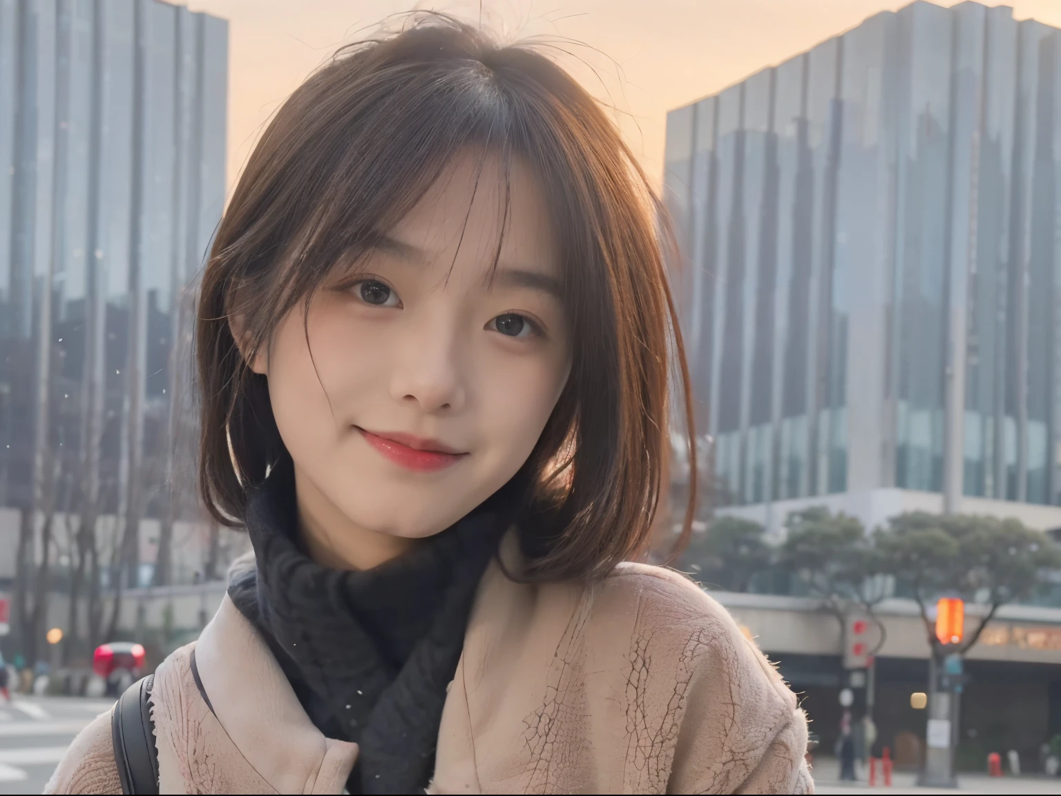 1girl, Tokyo street,night, cityscape,city lights,upper body,close-up,smile,, (8k, RAW photo, best quality, masterpiece:1.2),(realistic, photo-realistic:1.37),