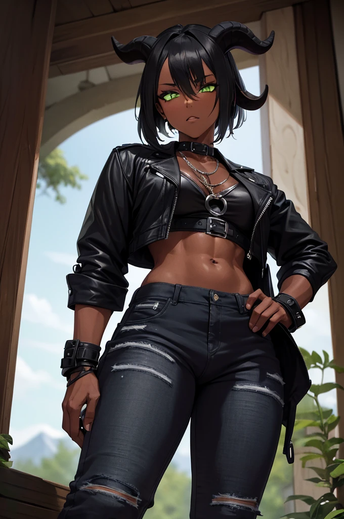 (Masterpiece) (High Detail) (High Res) (Black Skin) Looking from below A tall black humanoid FutEred with dark skin and ebony flesh and green eyes and short black hair and half her head shaved and goat ears and short dark goat horns and a toned body and average to small breasts and wearing a jacket and jeans dressed like a punk with a crotch bulge