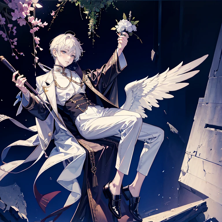 male angel sitting on rebar、full body Esbian、parka、an legs、shoe、Leather shoes、trouser