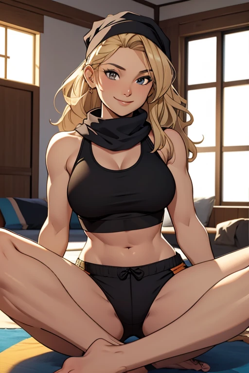 A beautiful 23 years old woman, barefoot, wearing black sportsshorts and a sportsbra, in a modern room, wavy blonde hair, bandana headscarf, calm smile.