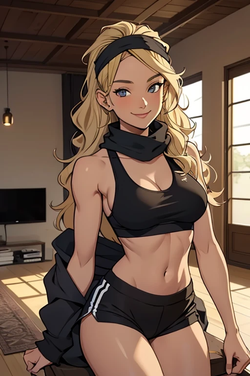 A beautiful 23 years old woman, barefoot, wearing black sportsshorts and a sportsbra, in a modern room, wavy blonde hair, bandana headband, calm smile.