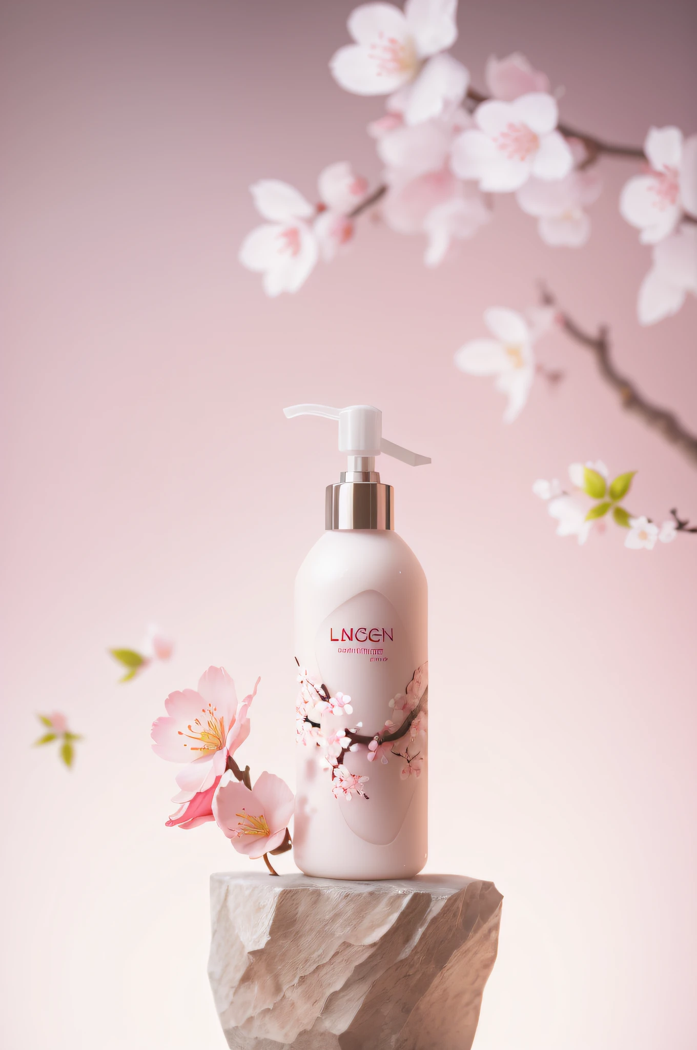 There is a bottle of lotion on the rock,There are flowers on it, flowing cherry blossom silk, lush sakura, Product renderings, fotografia do produto, products shot, commercial product photography, miniature product photo, product photography 4k, professional product photo, Flowing cherry blossom-colored silk, professional product photography, Sakura NS, Sakura petals surround her, Lungen, professional product shot, 3D product rendering