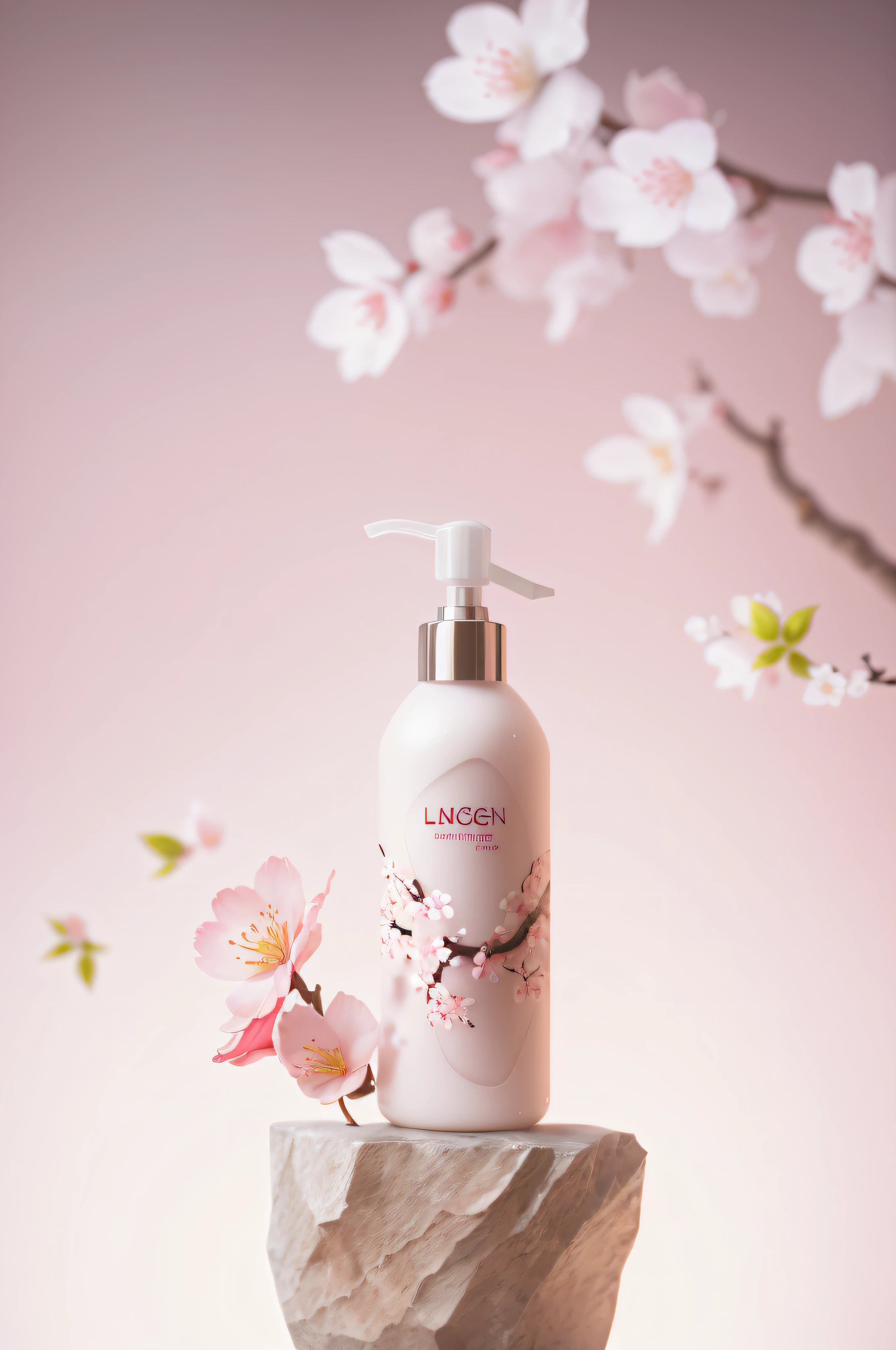 There is a bottle of lotion on the rock，There are flowers on it, flowing cherry blossom silk, lush sakura, Product renderings, fotografia do produto, products shot, commercial product photography, miniature product photo, product photography 4k, professional product photo, Flowing cherry blossom-colored silk, professional product photography, Sakura NS, Sakura petals surround her, Lungen, professional product shot, 3D product rendering
