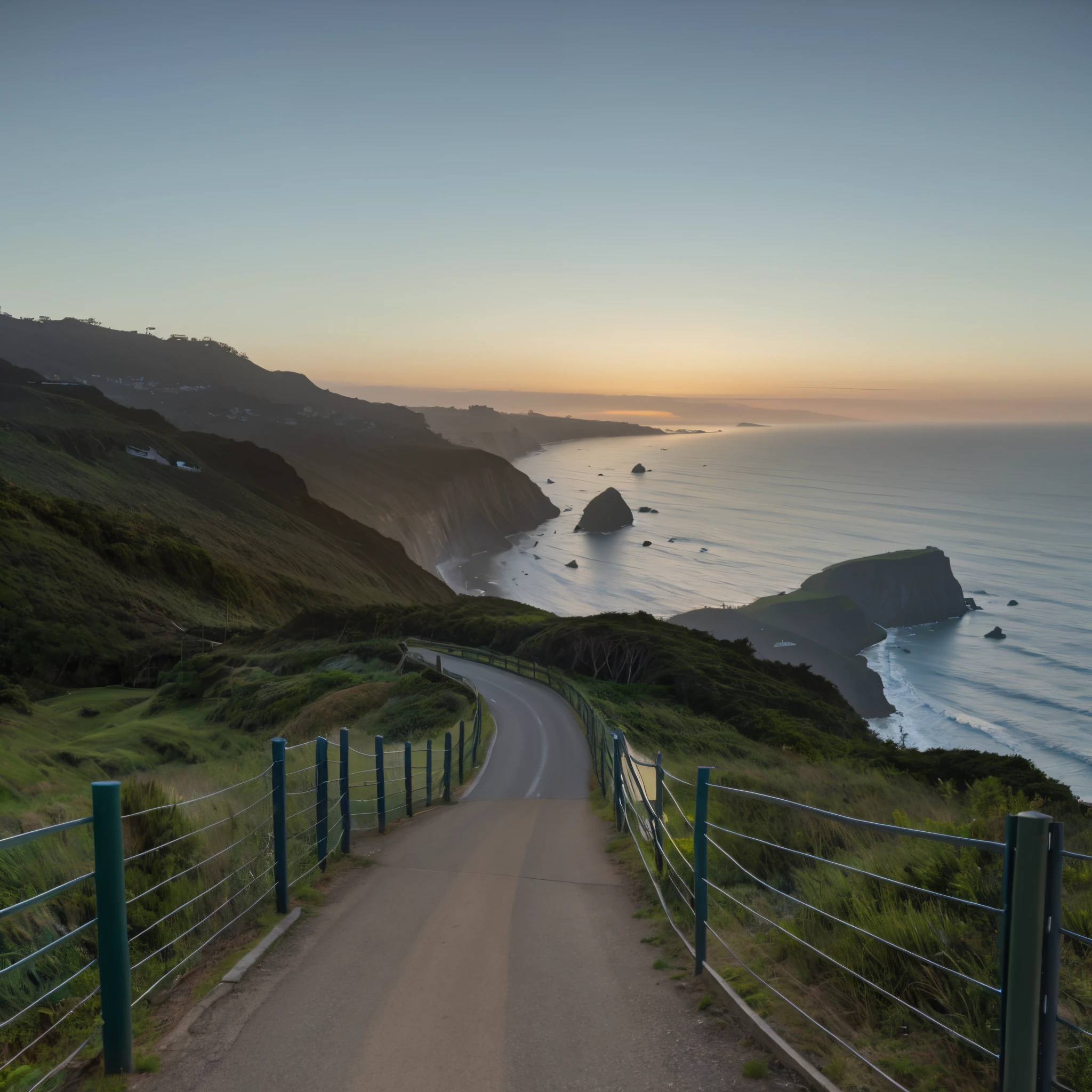 There is a path leading to the beach，There is a fence on the side of the road, human development report photo, cliff side at dusk, A mystical environment, road to the sea, an amazing landscape image, HDR smooth, amazing scenery, ocean cliff view, The most beautiful scenery, photorealistic landscapes, leading to a beautiful, precipice, 8k HDR Morning Light, post processed denoised