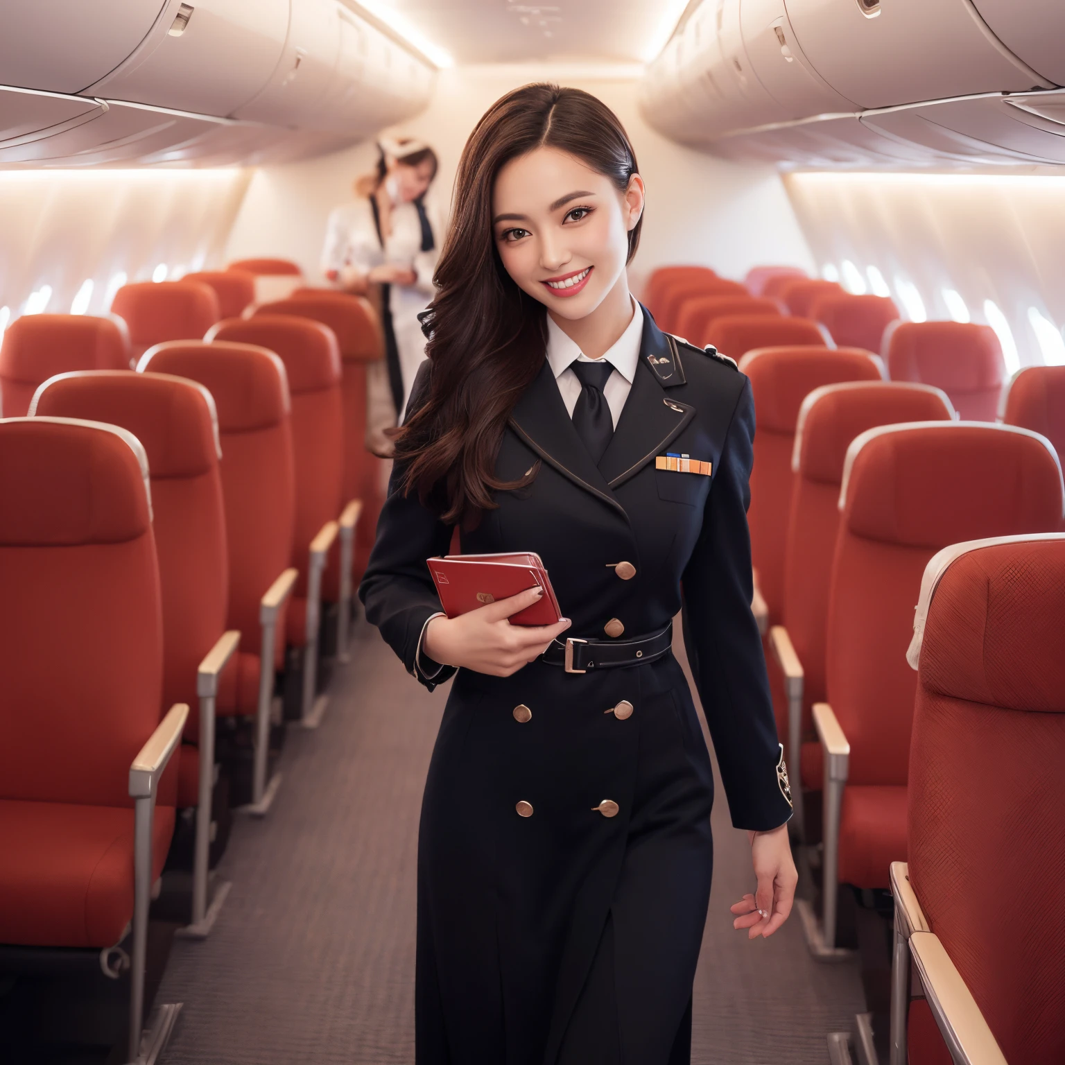 ((top-quality、masutepiece、8K、Top image quality、Hyper-Realism))、((1 female stewardess、walk gracefully down the aisle、cowboy shot、Take a photo of her from the waist up))、((The background is an airplane aisle、The most gorgeous royal airplane interior、The most luxurious and gorgeous aisle、Royal VIP class airplane interior))、((The perfect stewardess uniform))、(Exposing the forehead、Chignon)、large full breasts、The Biggest Smile、white big teeth、Perfect makeup、long eyelashes、View me、smile your best smile、perfect anatomia、Bright lighting