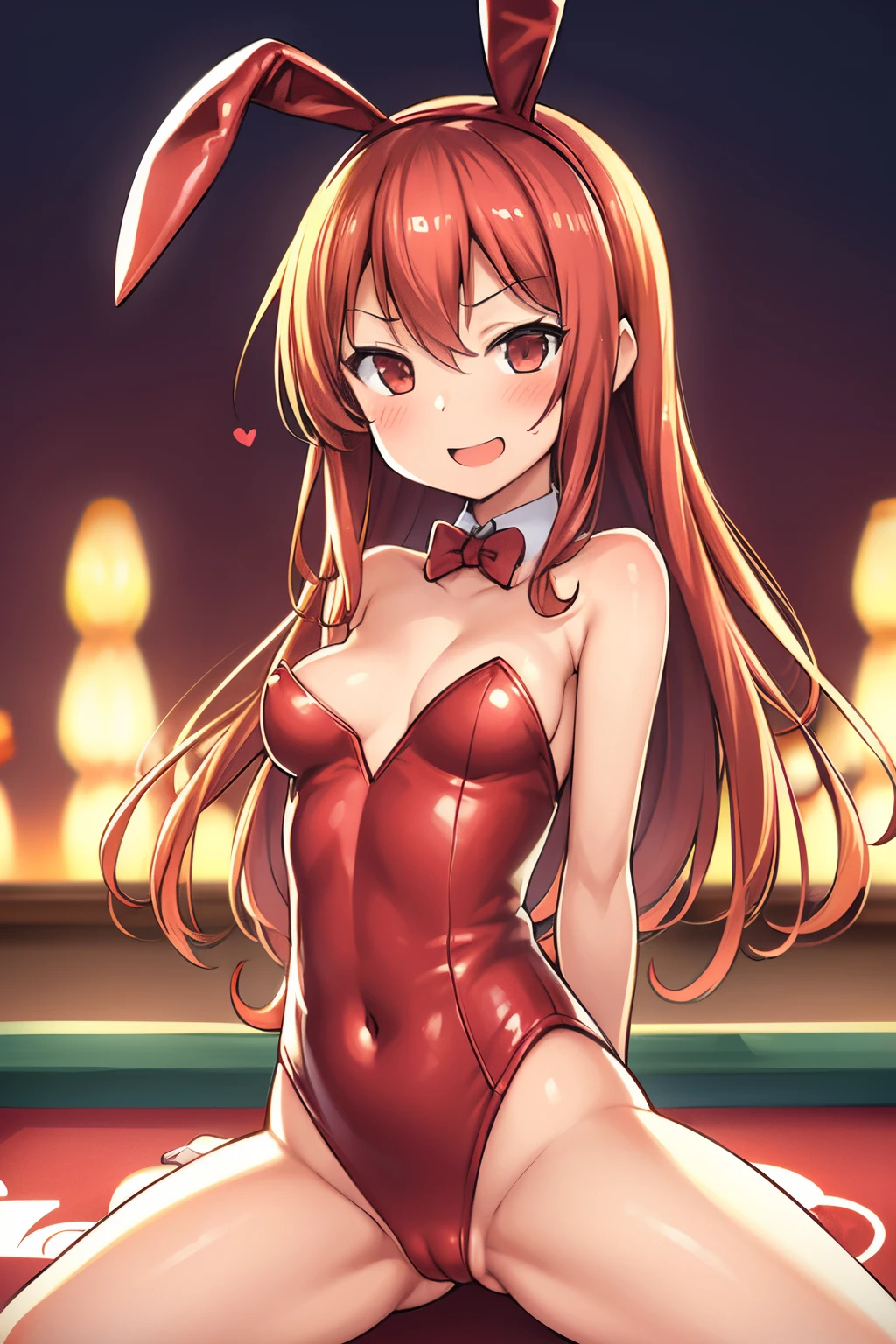 A young girl with small breasts, slender thighs and an open mouth provocative smile wearing a high-leg light red bunny suit、light red curly hair、high-level image quality、Anime style、NSFW、Pussy、A large amount of love juice is flowing from the、Being in a casino