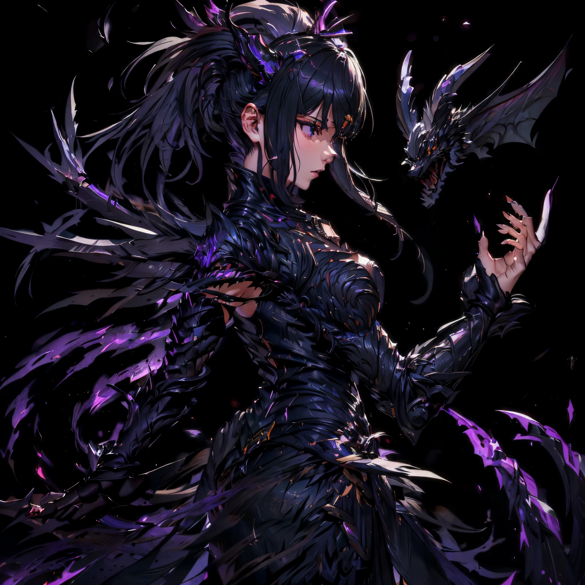 Girl in black armor. she is a sharp ornament. Two black dragons attack her from behind.. Sharp Hair Ornament. torn feather. sharp claws. she is dyed in purple flame.