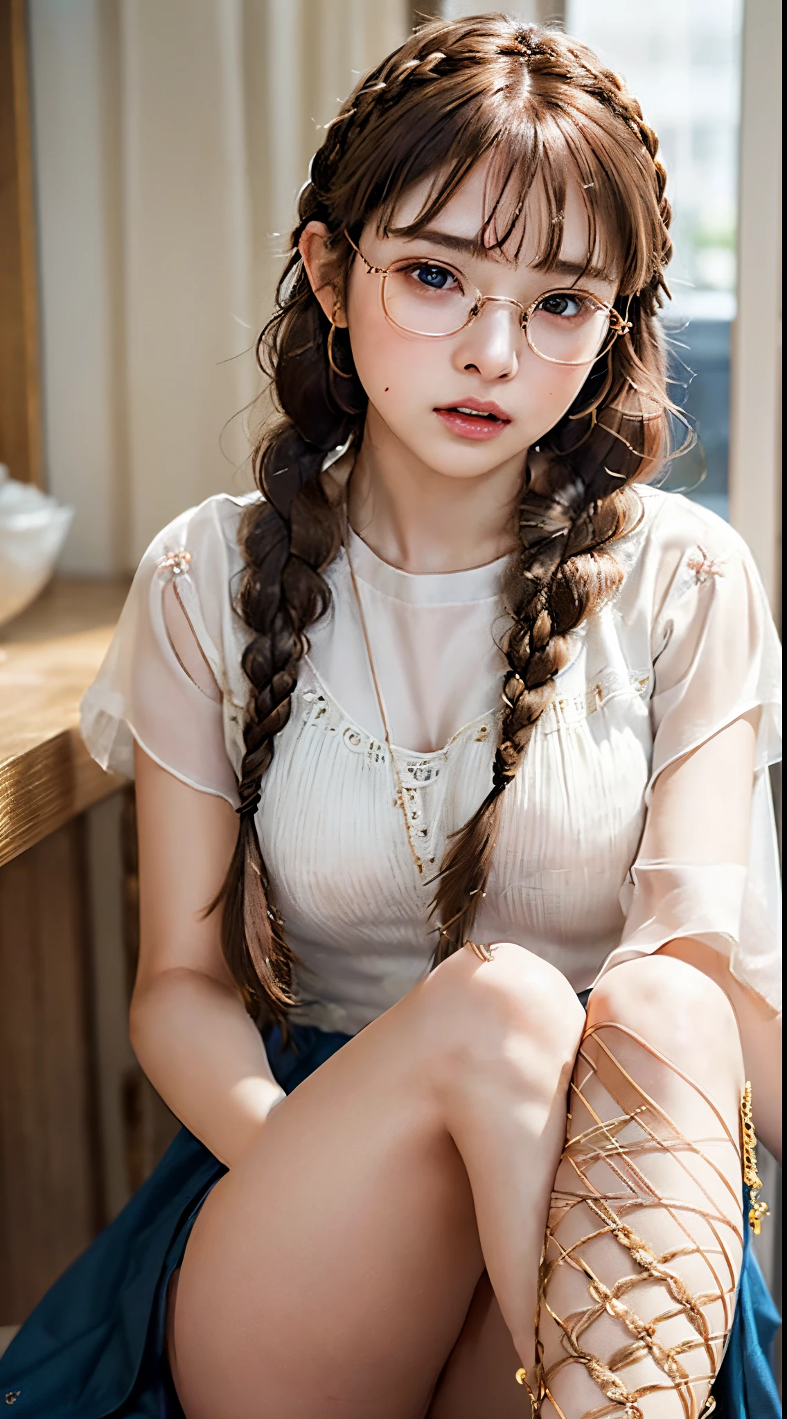 1womanl,Golden head hair, ,((Impatient expression)),Beautiful breasts,thin white tube top,well-styled,,(Facing the front)(((Blushing cheeks、Surprised look)),(((Braids))),((( Portrait from the knee up)))Frameless glasses,Blue eyes,(((Bangs are aligned)))((see -through))((Mouth open))