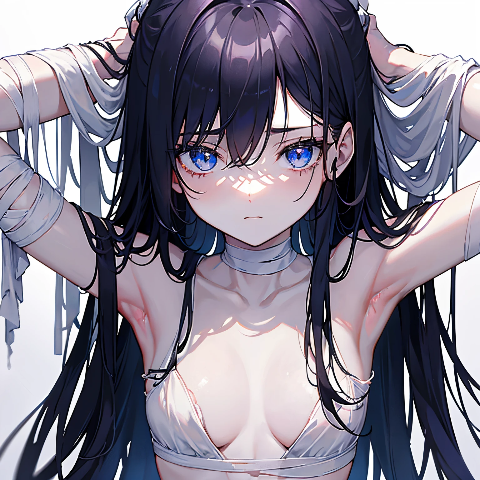1 girl in, no smile, sparkling navy blue eyes, (black hair) , small stature, small breasts, , (masutepiece:1.2, Best Quality), (finely detailed beautiful eye: 1.2), (beautifull detailed face), High contrast, (Best Illumination, extremely delicate and beautiful), ((Cinematic Light)), Dramatic light, (Pale white background:1.5), bandaged_leg, bandages, bandaged_arm, bandaged_neck, long_hair, collarbone, bandaged_head, collarbone, put lost of bandages on head, lots of bandages, bandage on the wound, sheis whole body was wrapped up in bandage,worn out clothes, bound with chains, worn out tank top, ((wearing worn-out torn cotton tanktop)),