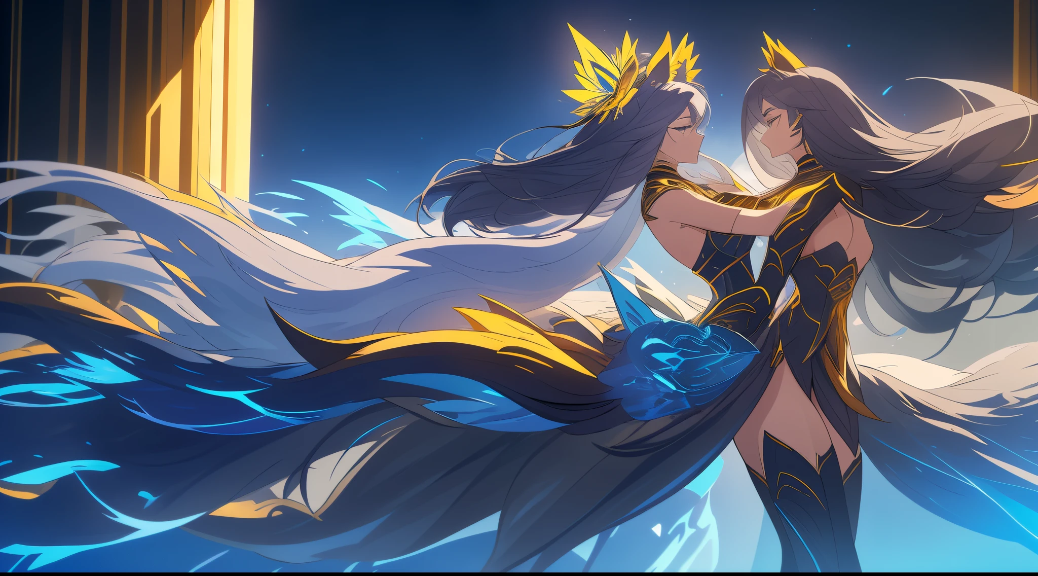 （（Wearing black and gold armor）），（gem outfit ），（Octane rendering 1.1 ），（（The body is wrapped in a blue-gray phantom）），（（Game skin design drawing）），（girl fox），Raised sexy，Blue flames are flying everywhere，feminine expression，Dancing in the air