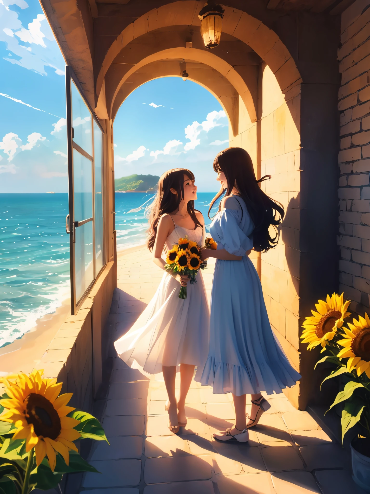 Anime girl in white dress standing in water with sunflowers, anime girl with beautiful sunflowers, anime style 4K, beautiful anime scene, clean anime, anime beautiful peaceful scene, anime art wallpaper 8K, 4k anime wallpaper, 4 k cartoon wallpaper, anime art wallpaper 4K, anime art wallpaper 4K, anime background, beautiful anime landscape, anime moe art style brick wall facing beach, water wall on both sides, secret entrance, sea view, sea view, overlooking horizon, sea view, near sea, overlooking sea, iphone capture, far view, entrance to hell, sunflowers next to sea Anime in white dress with bouquet, bisexual child, beautiful sunflowers Anime girl, anime art, anime art style, beautiful anime art style, clean anime, high quality anime art style, beautiful anime art, anime illustration, beautiful anime artwork,. Anime Art Style, Beautiful Anime Style,. Anime wallpaper, anime art wallpaper 8k, anime moe art style, anime style neutral person, frontage, black hair inner colour blue, long wavy hair, emerald eyes, beautiful eyes, goofy smile, beautiful white dress, holding a bouquet of sunflowers and lilies in each hand, blue sky, white There is a brick wall facing clouds , sunny, smoking and smiling, wall of water on both sides, secret entrance, sea view, sea view, sea view, horizon view, sea view, near sea, overlooking sea, iphone capture, view from afar, gate to hell, gate to hell
(Mastepiece), HD texture, Breakfast table immersed in view of room with sea view1, Graceful, Long hair shawl, (Women: 1.1), (Blue seaview, Wind or streamer: 1.2), (Morning light on, soft light)
Mastepiece, hyper quality, ultra - detailed, perfect drawing, ticker,. .3D,8K, illustration, high resolution, two beautiful girls, kiss, deep kiss, sunset, summer colours, cumulus clouds, horizon, beach, breakwater, lighthouse, back lighting, sparkling water surface, summer-oriented, beautiful background, accurate drawing, detailed drawing. --auto --s2