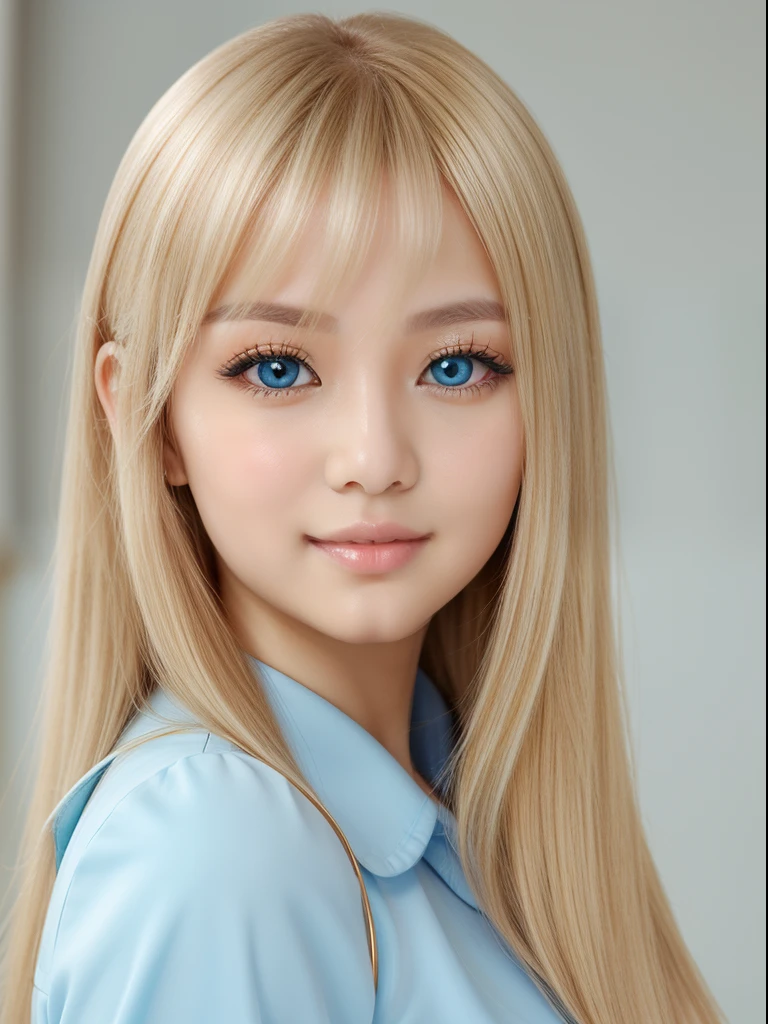 Boasts outstanding beauty、large full breasts、cute and very cute girl.、Perfect beauty、Blonde hair waving in front of the face、shiny long bangs、(((cute beautiful light blue eyes)))、Gentle bright face、(((Super long silky blonde hair with dazzling golden shine)))、Hair color that changes from blonde depending on the lighting、White beautiful skin、Glossy skin、Gloss Face、Teak Gloss、eye liner、Clear and large double eyelids、School Uniforms、Small face beauty、with round face