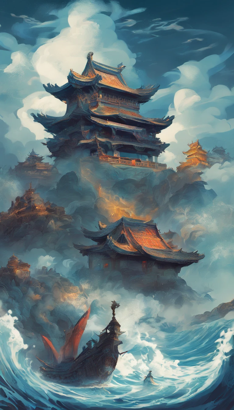 Chinese style，Chinese mythology，Xuanwu，faucet，Turtle body，heavy turtle shell，Snake tail，has horns on its head，dongquan，ferocious，humongous large breast，The eyes glow blue light，Mare，Huge waves，Surrounded by clouds，The medium scene is，Full body like， Highly detailed and hyper-realistic visuals，oc rendered， - AR 16:9 --q 2 --s 1000