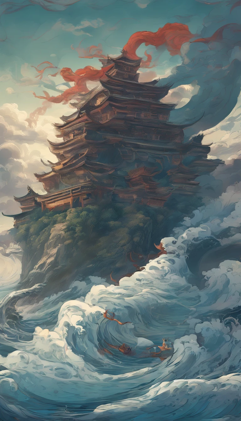 Chinese style，Chinese mythology，Xuanwu，faucet，Turtle body，heavy turtle shell，Snake tail，has horns on its head，dongquan，ferocious，humongous large breast，The eyes glow blue light，Mare，Huge waves，Surrounded by clouds，The medium scene is，Full body like， Highly detailed and hyper-realistic visuals，oc rendered， - AR 16:9 --q 2 --s 1000