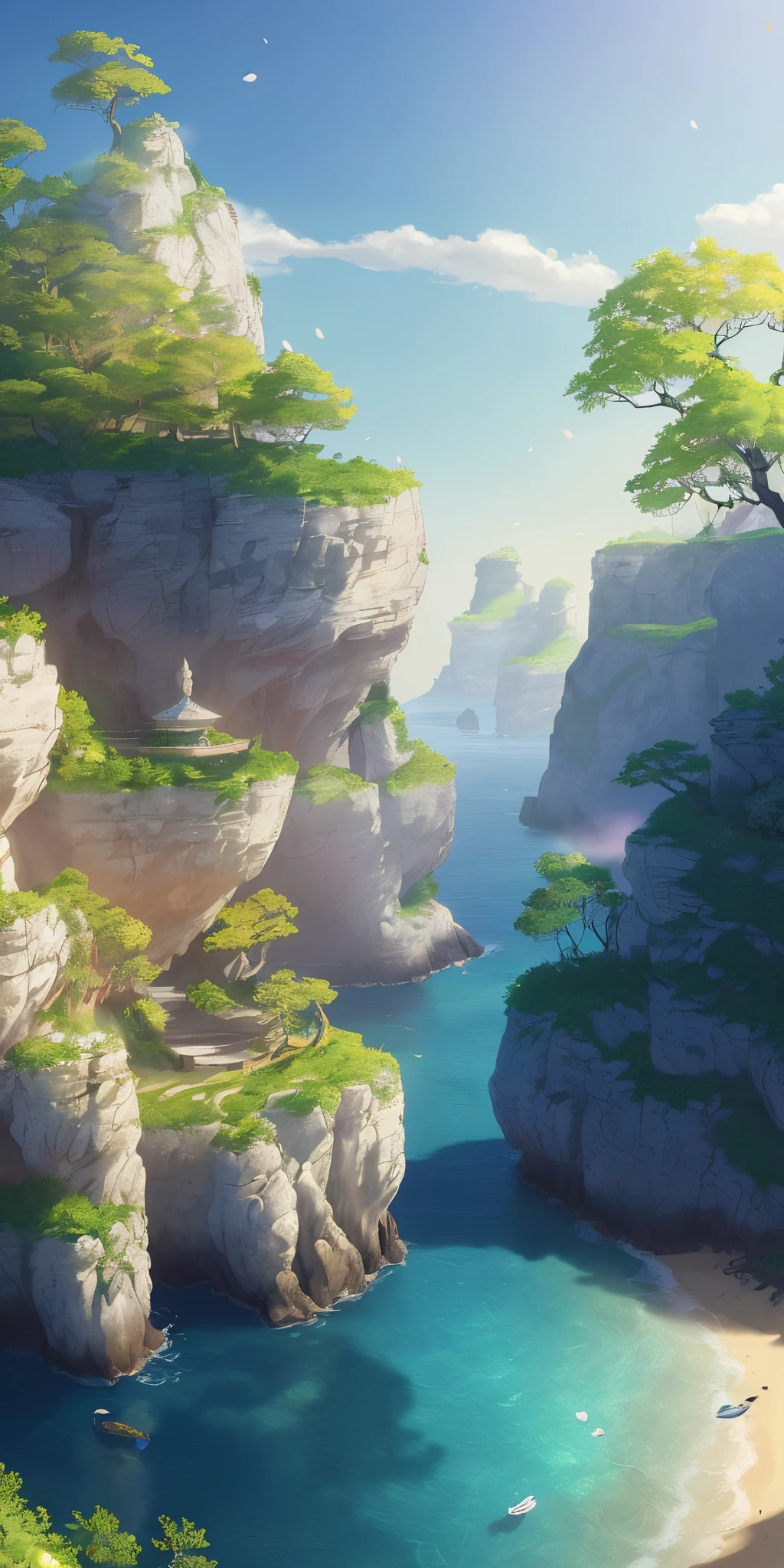 Masterpiece, best quality, (very detailed CG unity 8k wallpaper) (best quality), (best illustration), (best shadows) Nature', blue sea,delicate leaves petals of various colors falling in the air light Tracking, super detailed --v6
