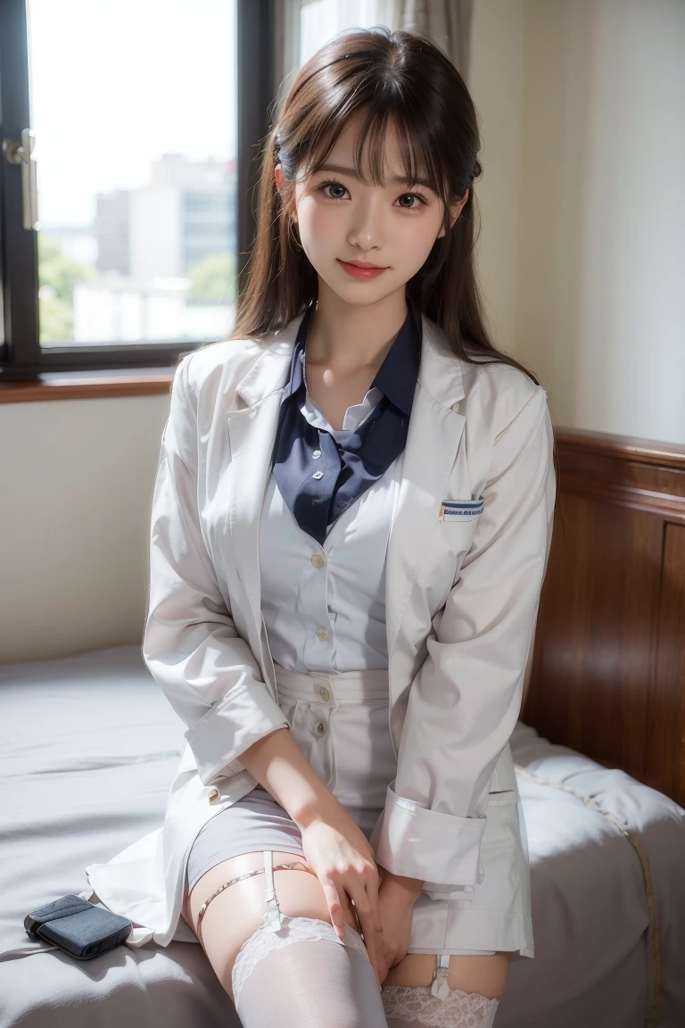 realisticlying, A high resolution, softlighting,1 woman, Alone, hip-up, shiny skins, (详细的脸),, Doctor uniform, Manteau blanc, 比基尼, blackstockings, a garter belt, the night, White hair, curlies, The beautiful, Grab the audience's eye, Lover's perspective, Invitation letter expression, rnsexy smile, Perfect style, Perfect balance, Delicate skin, mischievous glance,hospital interior