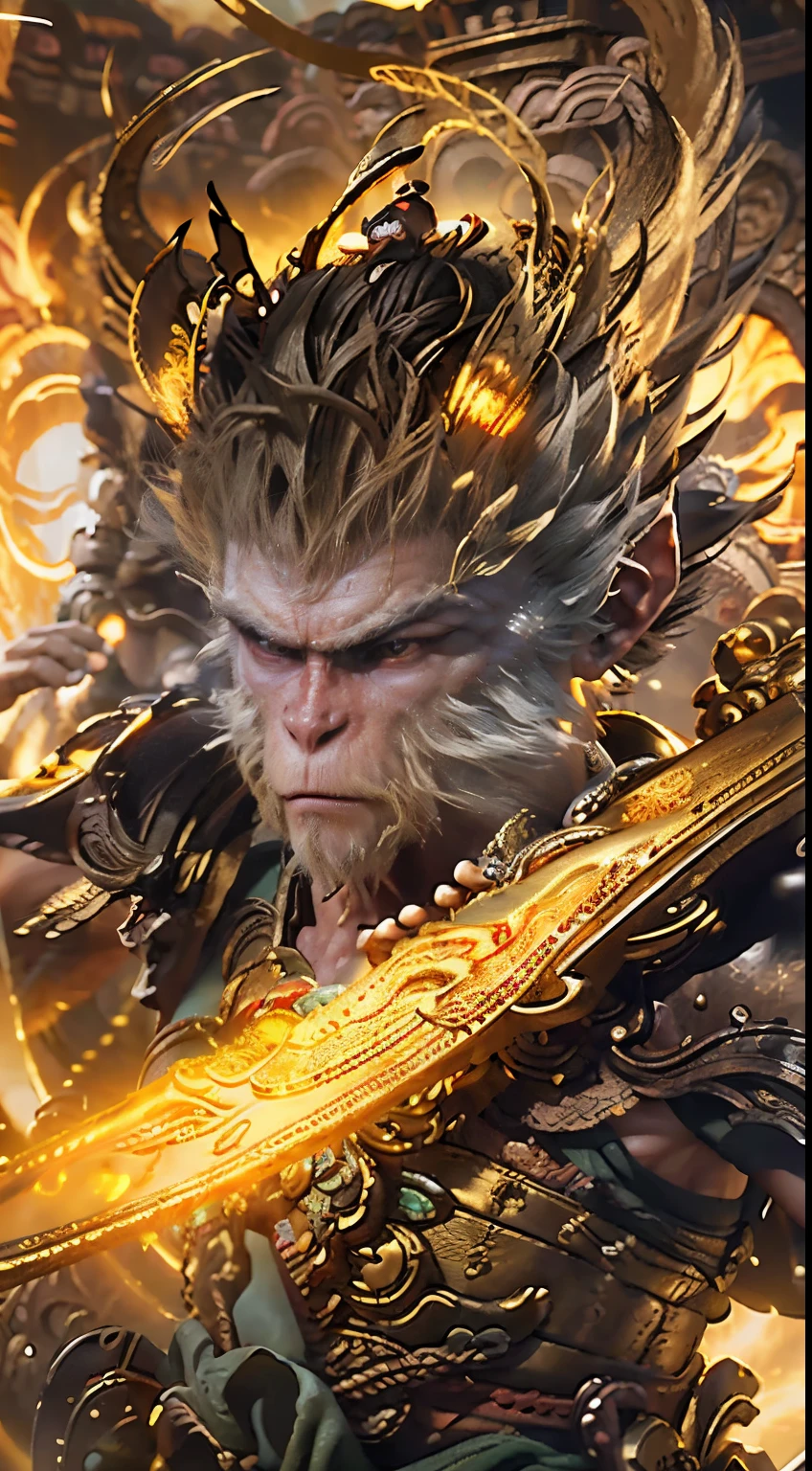The detailed Monkey King，He holds a golden stick in his hand，Golden fire eyes，The background is a huge golden halo，ancient Chinese style mythology，Buddhist mythology，Taoist mythology，Holy，Religious，adore，Cloud fog，globalillumination，The picture is bright，high high quality，Best quality，Oh really，hyper realisitc，super detailing,tmasterpiece，A high resolution，8K，Very realistic，Anthropomorphic male monkey who cultivates immortality，Golden-scaled armor, butterfly armor，Fiery eyes, golden eyes, bright and brave，A male monkey holds a gold stick and an anthropomorphic close-up, Oriental ancient armor, butterflys, Golden rod，The butterfly cloud under your feet,epic fantasy digital art style, Monkey king, evil knight, and Mumford Tom Bagshaw., dark fantasy style art, Epic fantasy art style,Monkey king, dark fantasy art style, butterflys, Epic fantasy art style HD, dark fantasy digital art，artistic image type，Perched on the top of the ancient city of the East, Sun Wukong inspects the vast Forbidden City below. Golden rod, Contrast his technically enhanced body,Glitter with golden sticks and retractable tech weapons. In a striking pose, He seems ready to take action, Ancient legends,Journey to the West characters, Excellent location，Earthscape, (Vibrant golden glow:1.5), (digitial painting:1.25), (4K:1.2). enviroment: panoramic view of a city，Imagine an epic celestial battle in the sky, Sun Wukong is at the front, Waving the Ruyi Golden Cudgel. Gods clash in the clouds，Sun Wukong challenges the rule of the Jade Emperor.