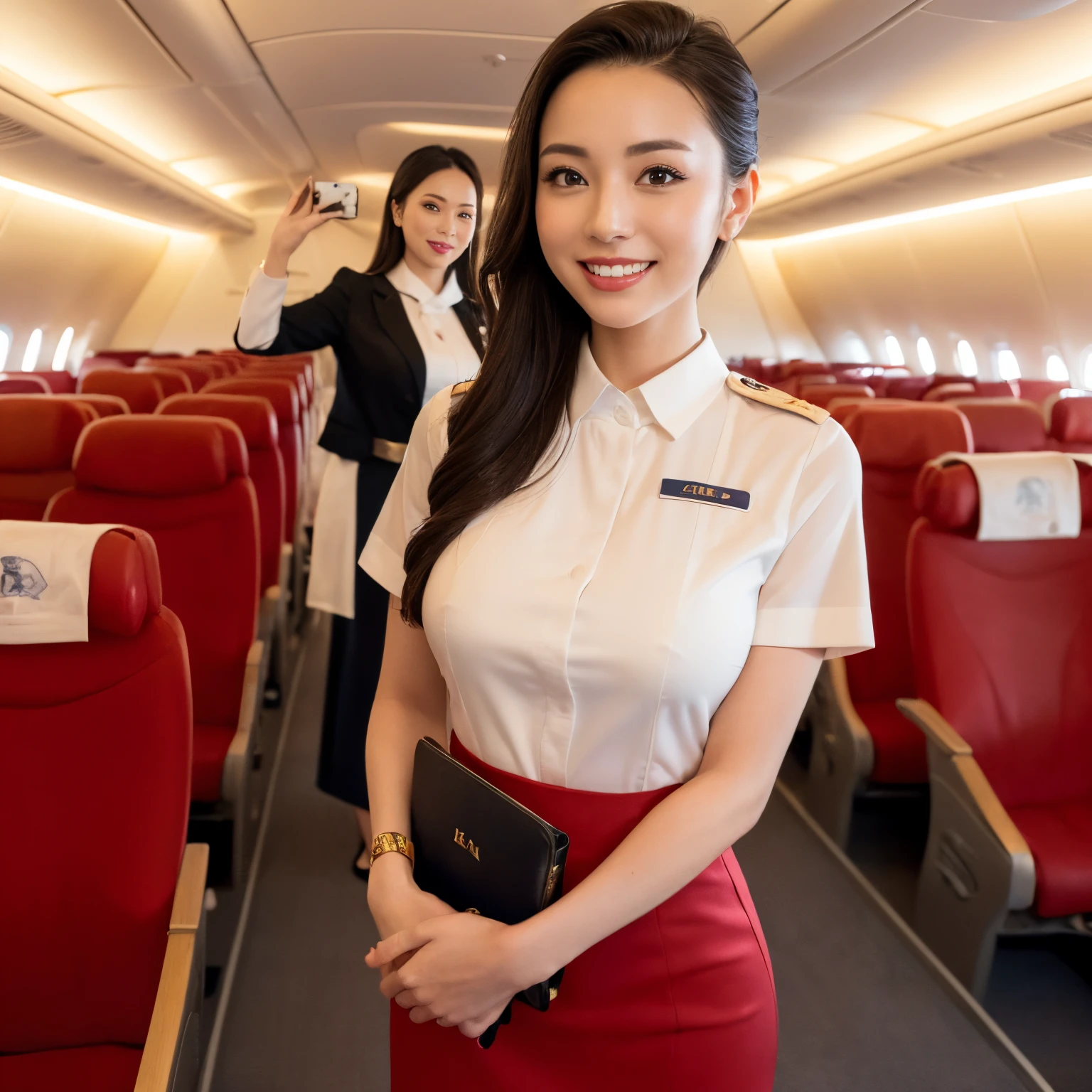 ((top-quality、masutepiece、8K、Top image quality、Hyper-Realism))、((1 female stewardess、walk gracefully down the aisle、cowboy  shot、Take a photo of her from the waist up))、((The background is an airplane aisle、The most luxurious royal airplane interior、The most luxurious and gorgeous aisle、Gorgeous red and gold interior、The finest royal cabin、Royal VIP class cabin))、((perfect stewardess uniform))、(Exposing the forehead、Chignon)、large full breasts、The Biggest Smile、white big teeth、Perfect makeup、long eyelashes、View me、smile your best smile、perfect anatomia、Bright lighting