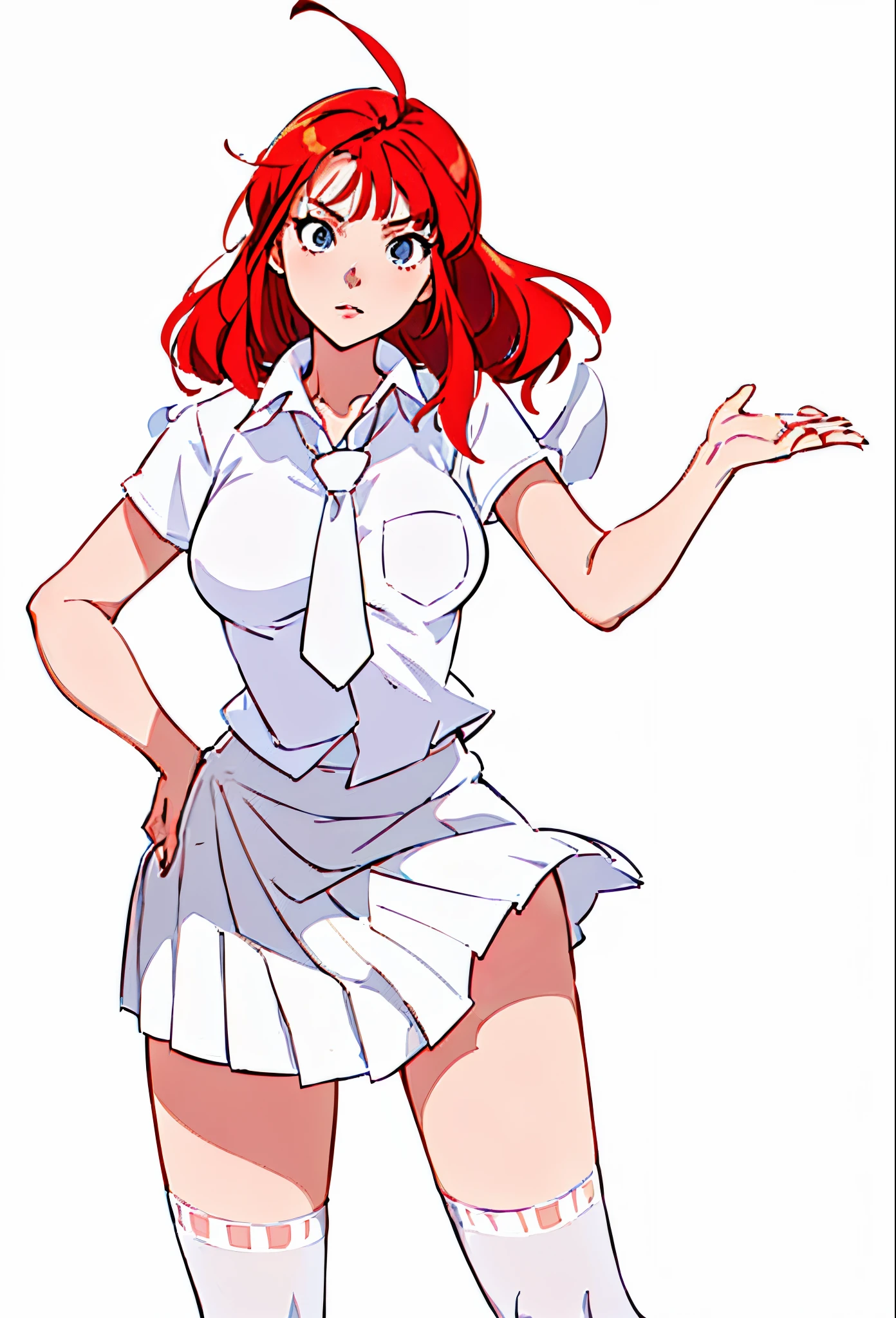 (simple background, white background: 1.3) natural lighting, character design, anime girl in a school uniform with short red hair, wearing a white shirt with a grey tie, wearing a grey skirt and white stocking, anime-style character, in flat anime style shading, in the art style anime, in anime style, anime character