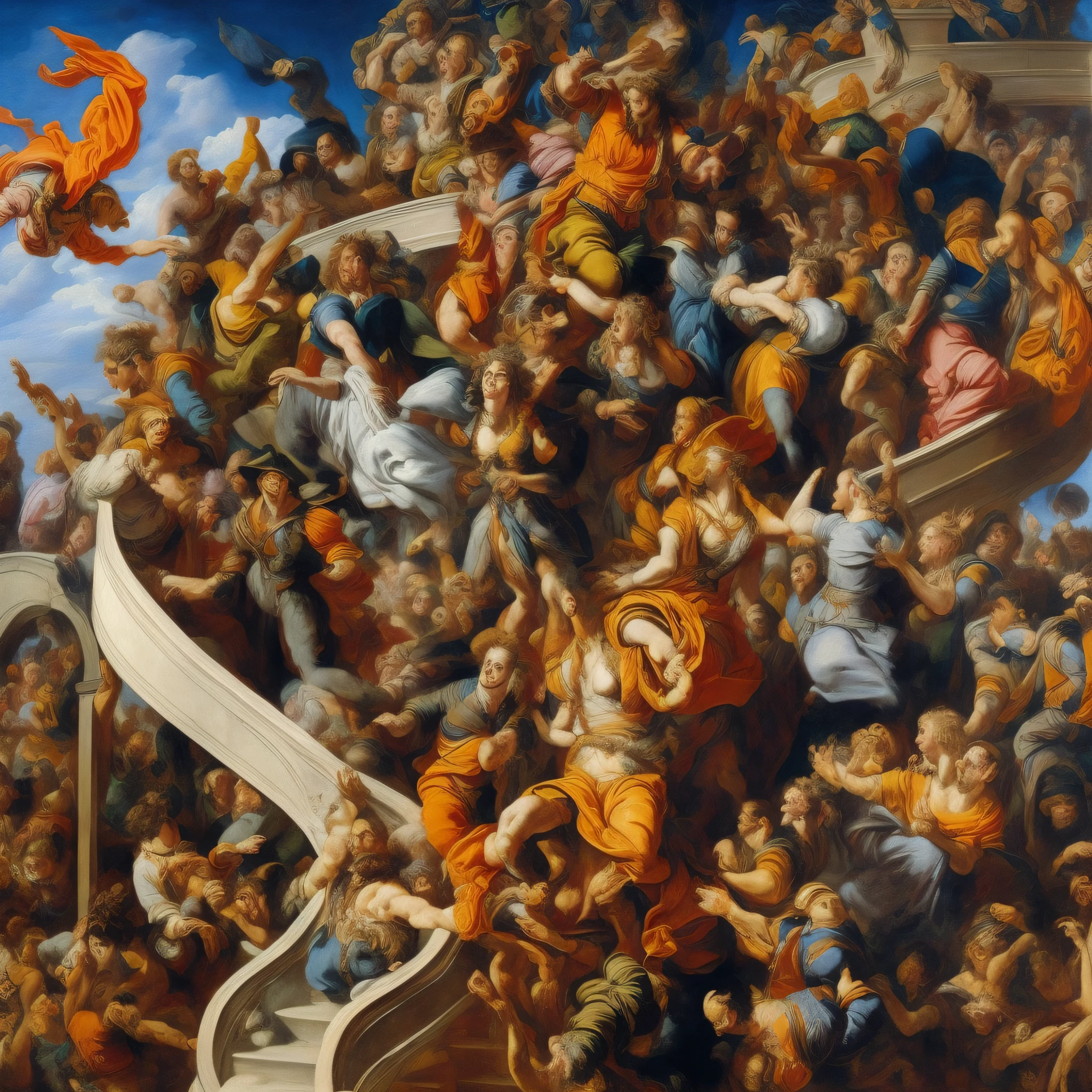crowd of people on the stairs々Araphedo's painting depicting, medusa's raft, Overpopulated oil painting, Giorgio Vasari placeholder image, inspired by Michelangelo Unterberger, Written by Michelangelo Unterberger, by Giorgio De Vincenzi, baroque painting, Inspired by Peter Aaltsen, Art High Renaissance Art, Written by Bartolomeo Vivarini, dramatic artwork
