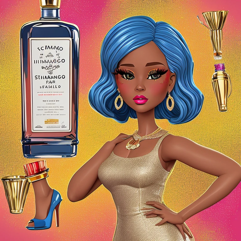 create an illustration of a 3D  African American fare skinned woman plump and curvy, with bright brown eyes, with glitter eye makeup, and shinny lips, she is lavishly dressed in a sparkling cocktail dress, wearing stylish stiletto heels. she sports a super cute hair style, her jewelry, mainly diamonds and gold rings and necklaces, shines brilliantly. Standing next to a giant bottle of Casamigos, and a giant glass cocktail drink on the other side of her,This is a digital illustration with a shimmer glitter gloss effect, boijie, divacore, pop art, bratts doll, chibi, 32k UHD