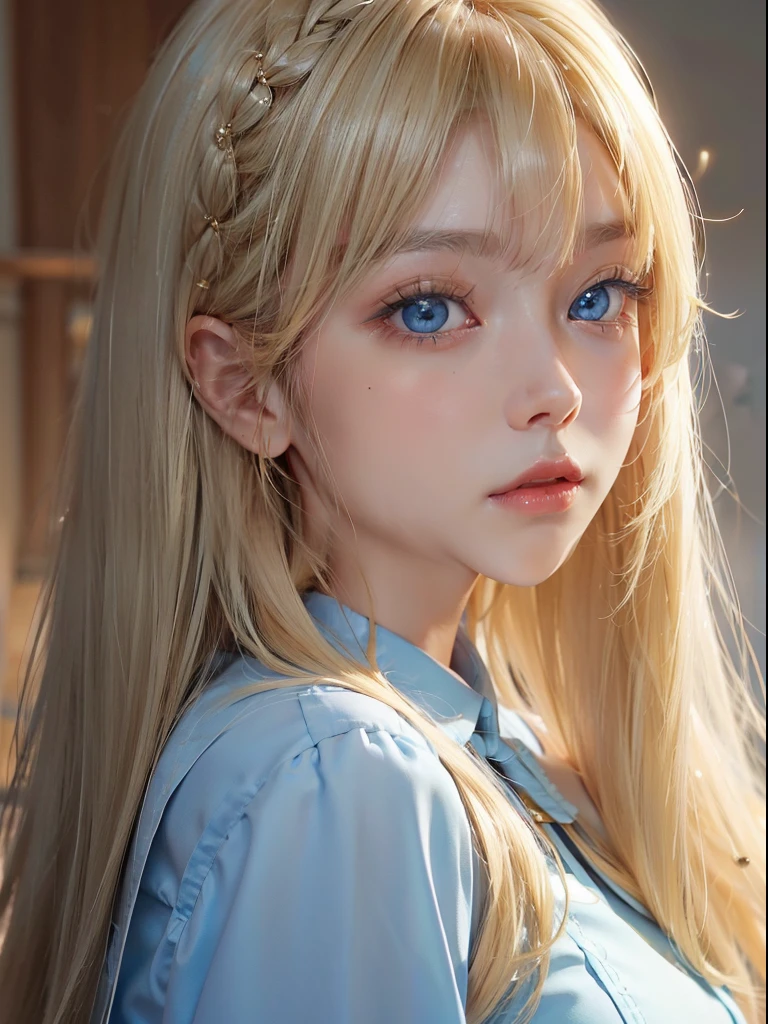 Boasts outstanding beauty、large full breasts、cute and very cute girl.、Perfect beauty、Blonde hair waving in front of the face、shiny long bangs、(((cute beautiful light blue eyes)))、Gentle bright face、(((Super long silky blonde hair with dazzling golden shine)))、Hair color that changes from blonde depending on the lighting、White beautiful skin、Glossy skin、Gloss Face、Teak Gloss、eye liner、Clear and large double eyelids、School Uniforms、Small face beauty、with round face