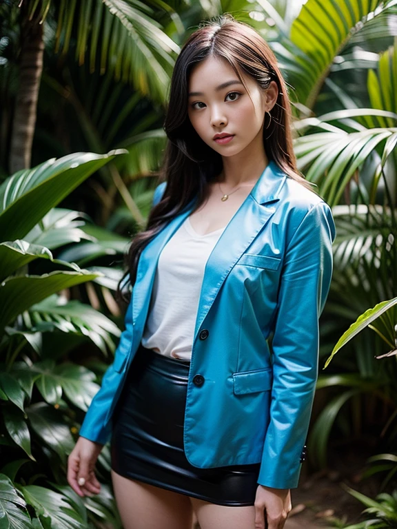 ((top-quality、in 8K、masterpiece:1.3、Raw photo))、Super high quality photos, In the tropical jungle, ((Wearing a business suit with a blue jacket and skirt)), ((Perfect beauty 20 year old idol Japan woman)), ((slim figure)), ((Slim legs)), ((slim thigh)), ((Perfect beauty 20 year old idol Japan woman)), (Photorealistic: 1.4), (Ultra-high detail), (hyper realisitic: 1.4), (Realistic: 1.3), (Smooth lighting: 1.05), Full body, 1girl in, Solo, (Japanese actressl), 20yr old, cinematlic lighting, ((slim figure)), ((Leaner figure)), Good anatomy, Correct anatomy, In the tropical jungle, ((Perfect beauty 20 year old idol Japan woman)), ((slim figure)), ((Slim legs)), ((slim thigh)), ,((Perfect beauty)),