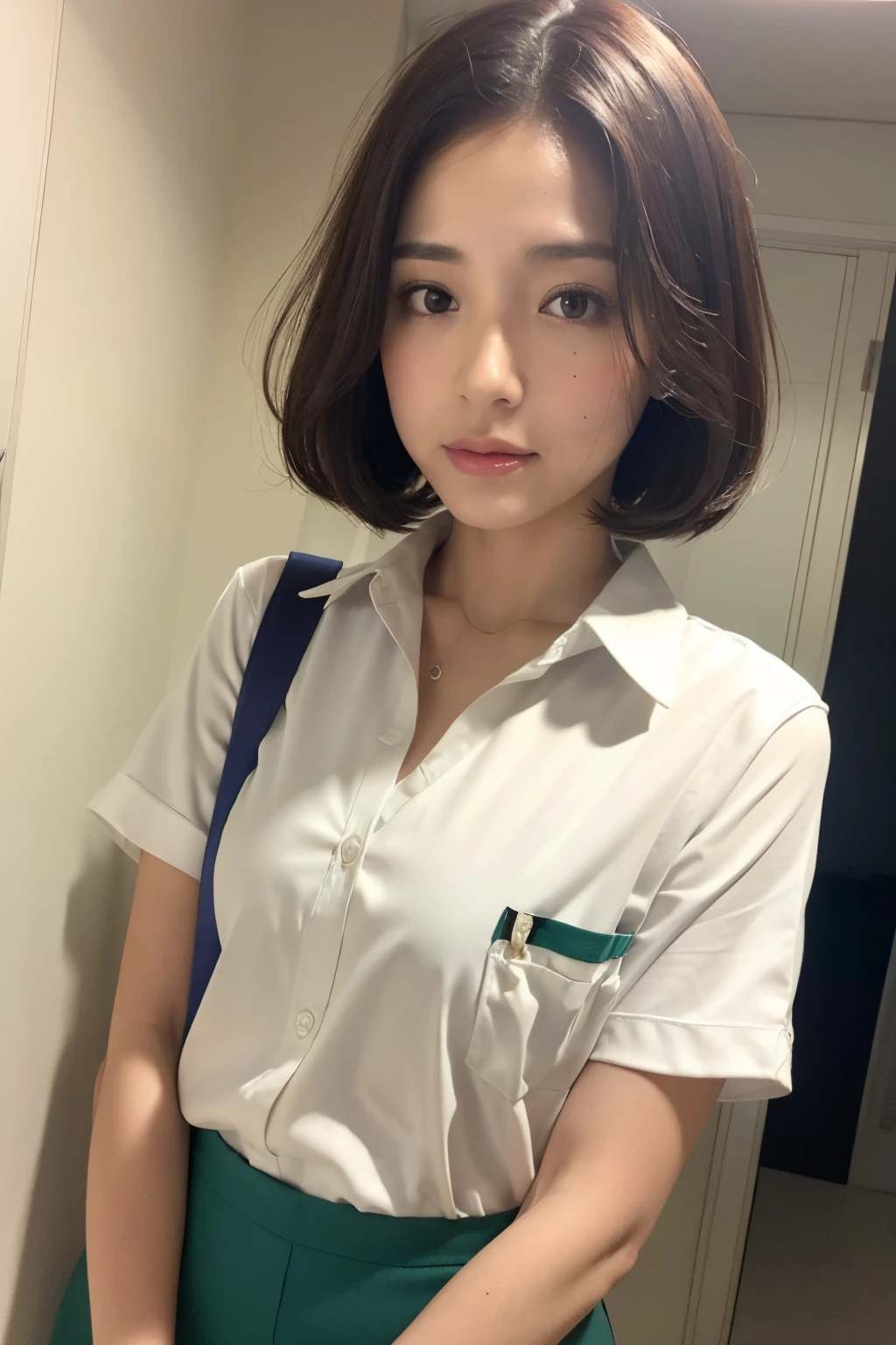 (Mejor calidad, 8k, 32k, obra maestra, UHD: 1.2), foto de una bonita mujer mexicana , 1girl, (medium-short dark brown hair), (senos grandes), 二重まぶた, uniforme de enfermera blanco, Small white nurse (gorra), camisa blanca, camisa abierta, hospital, Patient Room, parte superior del cuerpo, sexy
