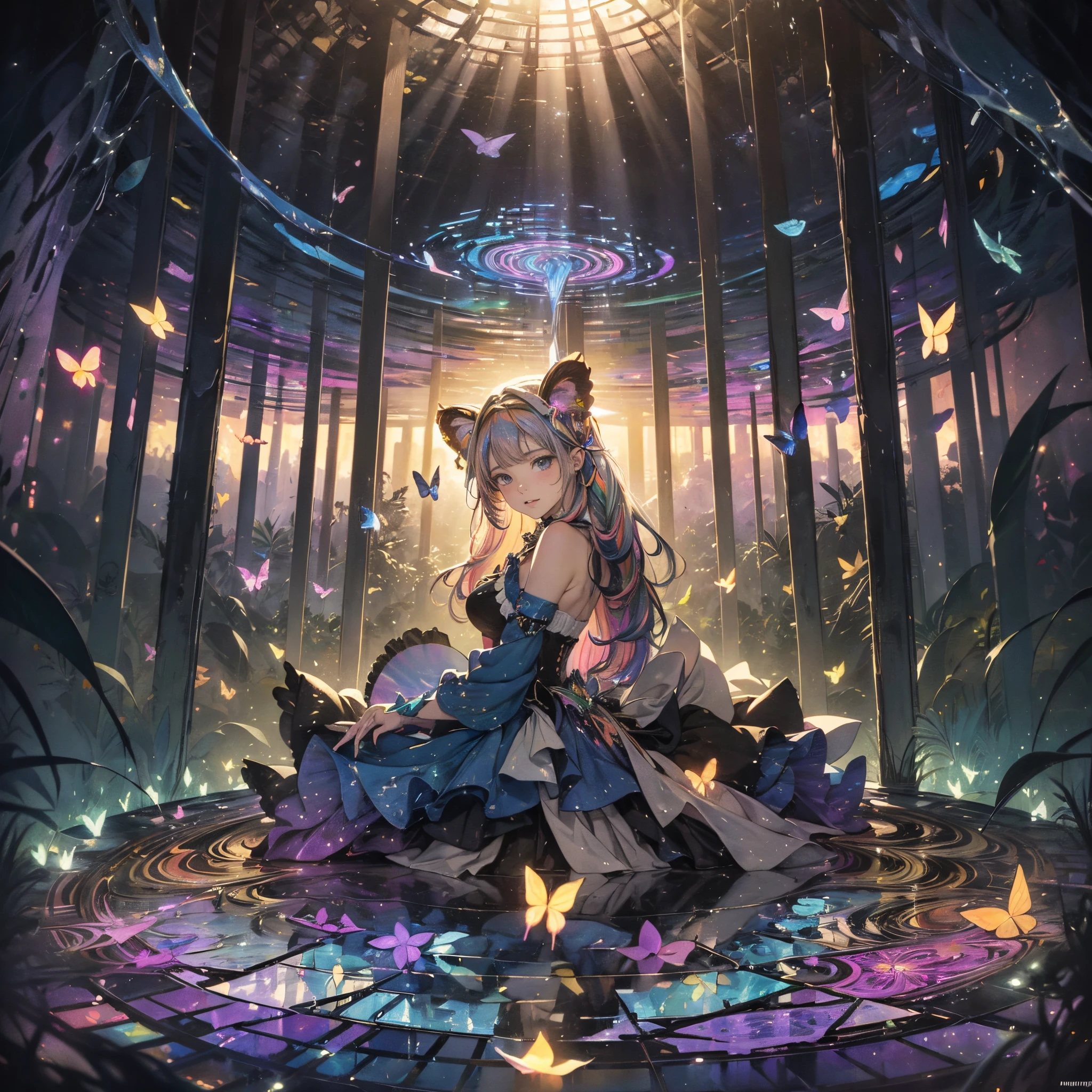 top-quality、masutepiece、1womanl、独奏、(abstract art:1.6),(Psychedelia Theme:1.6),(Blue World),There is a beautiful woman at the center of the world,A ray of light spreads,Crystals spreading from the center,prisma,(Nostalgic atmosphere),Cool morning clouds are calm and peaceful,The tree々Gentle sunlight illuminates the space.,Like multicolored glass,Garden Girl,gentle sunlight,Soft breeze,Lots of Manjusha flowers,Butterflies flutter by,Mesmerizing natural beauty,Fragments of Shining Stars,