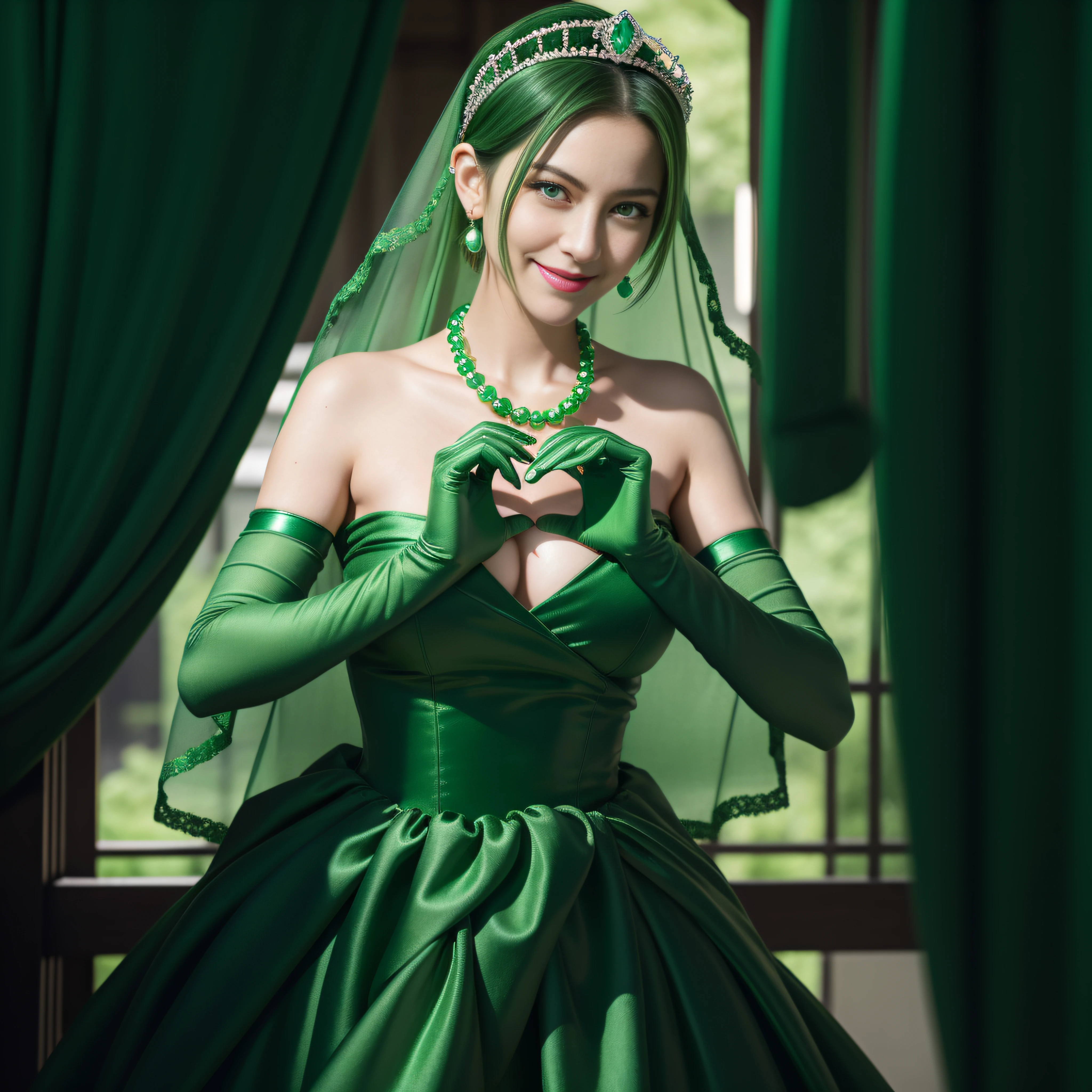 emerald tiara, green pearl necklace, ボーイッシュな非常に短いgreen hair, lipstick, green eyesの笑顔の30代女性, very short hair, Beauty with large breasts, green eyes, Long Green Satin Gloves, green eyes, emerald earrings, green veil, heart with both hands, green hair, green eyesの30代美人女性, heart shaped hand:1.3