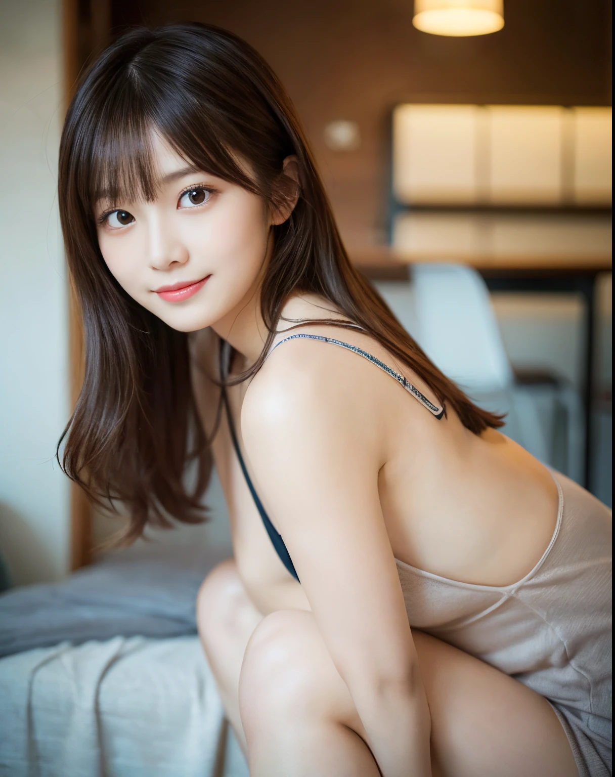 masterpiece:1.3), (8K, Photorealsitic, Raw photography, Top image quality: 1.4), (1 Japan High School Girl)、hair messy, asymmetrical bangs, light brown hair、cleavage of the breast, Super Detail Face、Eye of Detail、Bring your chest together、foco nítido、1 cutest woman、light brown hair、top-quality、masterpiece、超A high resolution、(Photorealsitic:1.4)、Highly detailed and professional lighting smile、slender, girl、乃木坂アイドル、韓国アイドル、hposing Gravure Idol、女優、age19、tall, flank、slim , Skinny Legs, (knees up:1.2),