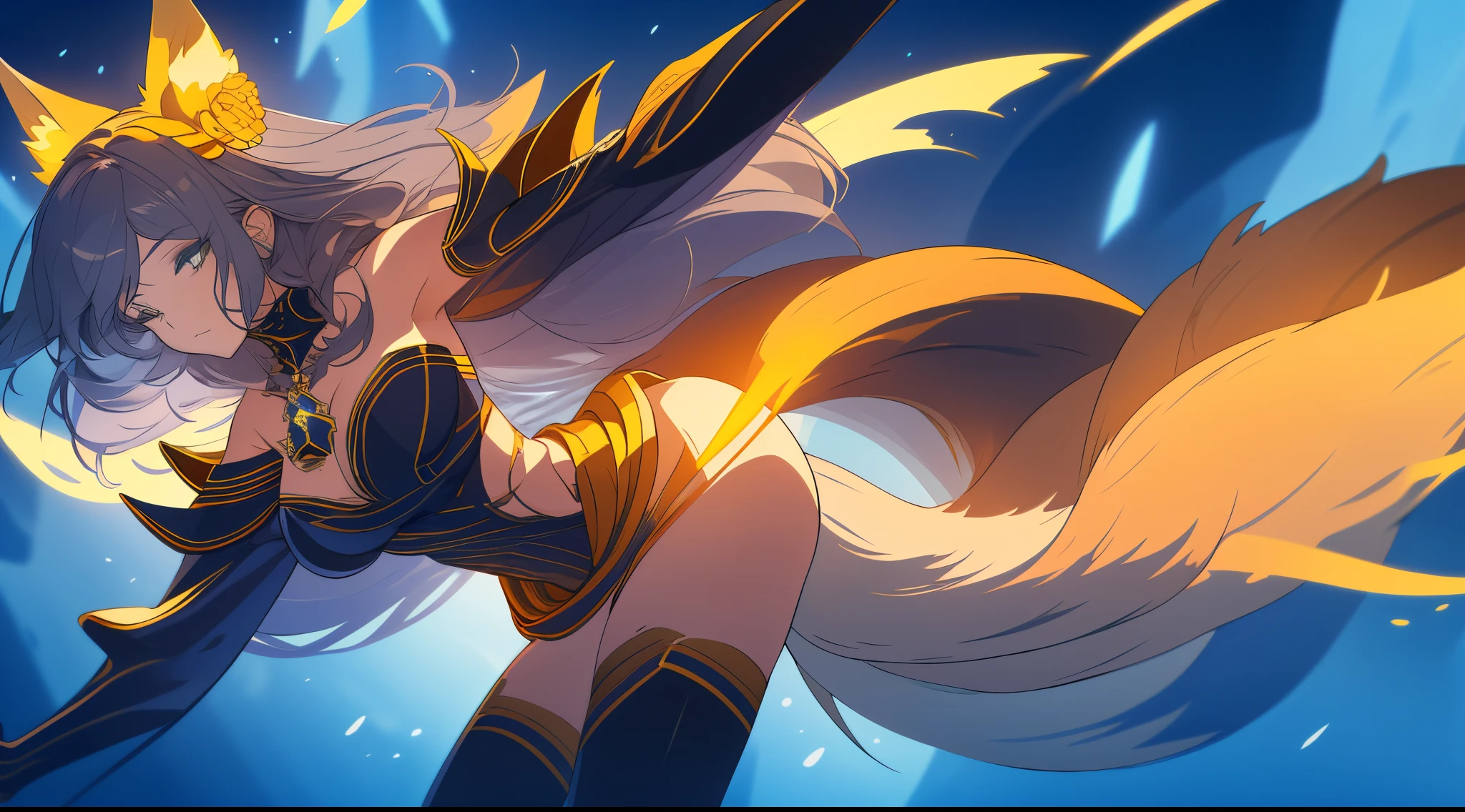 （（Wearing black and gold armor）），（gem outfit ），（Octane rendering 1.1 ），（（The body is wrapped in a blue-gray phantom）），（（Game skin design drawing）），（girl fox），Raised sexy，Blue flames are flying everywhere，feminine expression，Dancing in the air