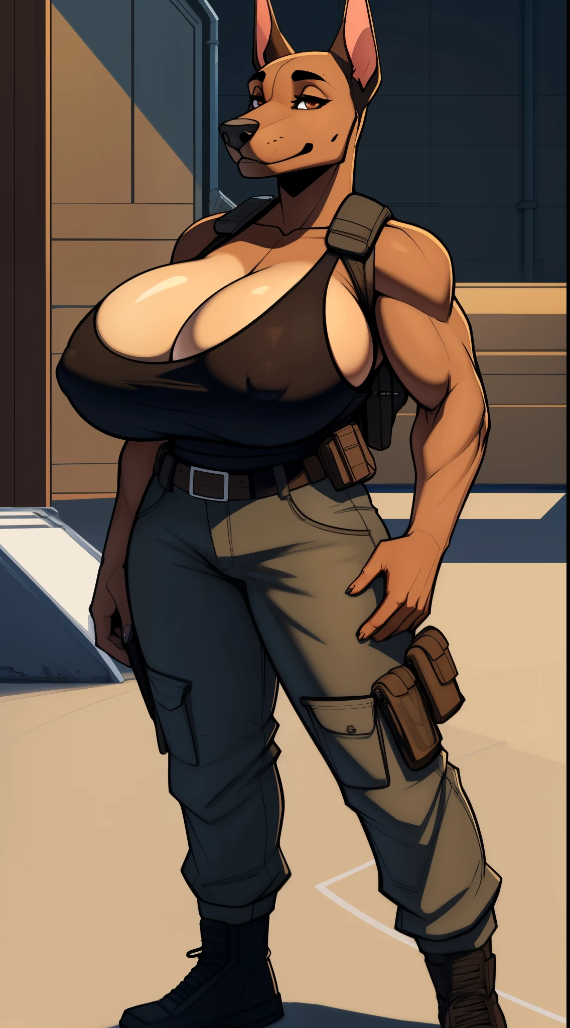 Very_muscular_mature_doberman female dark_brown_two-tone_furry_body brown_eyes milf tank_top tactical_vest cargo_pants wife solo Masterpiece best_quality absurdres highly_detailed cleanly_drawn_eyes anthro_only large_breasts by_claweddrip, by_greasymojo, by_underscore-b, by_runawaystride ((nsfw)) ((huge tits))