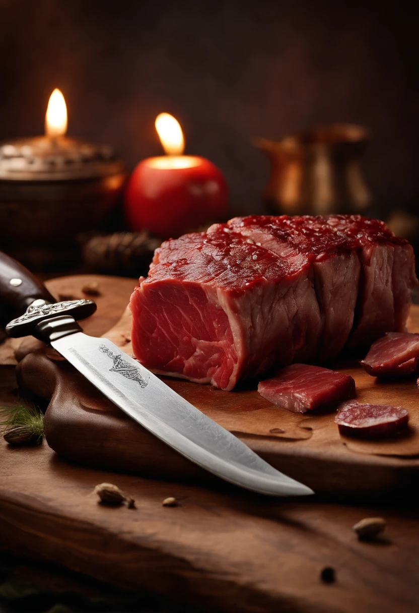 A close-up photo of a raw, bloody piece of meat on a cutting board with a menacing knife beside it.,Game of Thrones TV series,Ramsay has shaggy brown hair and cold grey eyes, dressed in medieval winter attire. Famously portrayed by Iwan Rheon