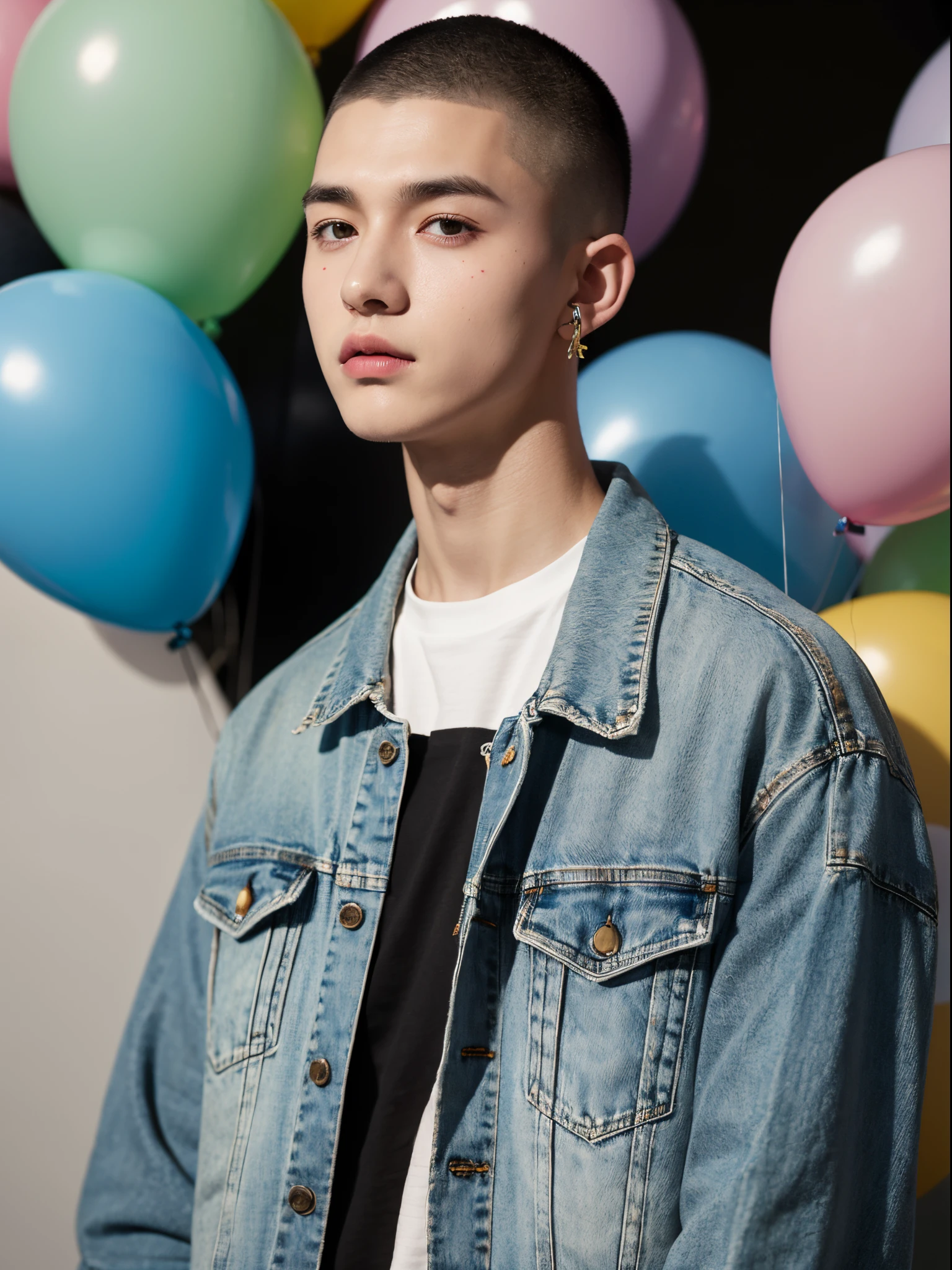 male, 20 year old boy, black eyes, buzz cut hair, right earring, denim jacket, half body photo, head facing the camera, colorful balloons in the background, street