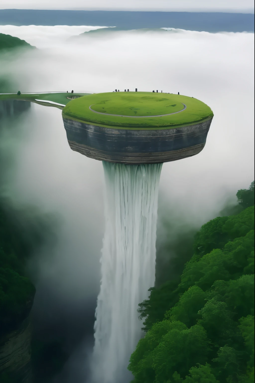 Alafed waterfall with green roof and green meadow, Floating waterfalls, Alien Falls, an island floating in the air, huge waterfalls, A floating island in the sky, Gubei Waterfall, Endless waterfalls, amazing wallpapers, huge waterfalls, waterfall below, stunning waterfall, floating islands, high waterfalls, floating and flying islands, huge waterfalls, waterfallr. Foggy sections