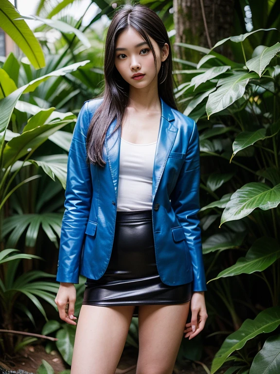 ((top-quality、in 8K、​masterpiece:1.3、Raw photo))、Super high quality photos, In the tropical jungle, ((Wearing a business suit with a blue jacket and skirt)), ((Perfect beauty 20 year old idol Japan woman)), ((slim figure)), ((Slim legs)), ((slim thigh)), ((Perfect beauty 20 year old idol Japan woman)), (Photorealistic: 1.4), (Ultra-high detail), (hyper realisitic: 1.4), (Realistic: 1.3), (Smooth lighting: 1.05), Full body, 1girl in, Solo, (Japanese actressl),　20yr old, cinematlic lighting, ((slim figure)), ((Leaner figure)), Good anatomy, Correct anatomy, In the tropical jungle, ((Perfect beauty 20 year old idol Japan woman)), ((slim figure)), ((Slim legs)), ((slim thigh)), ,((Perfect beauty)),