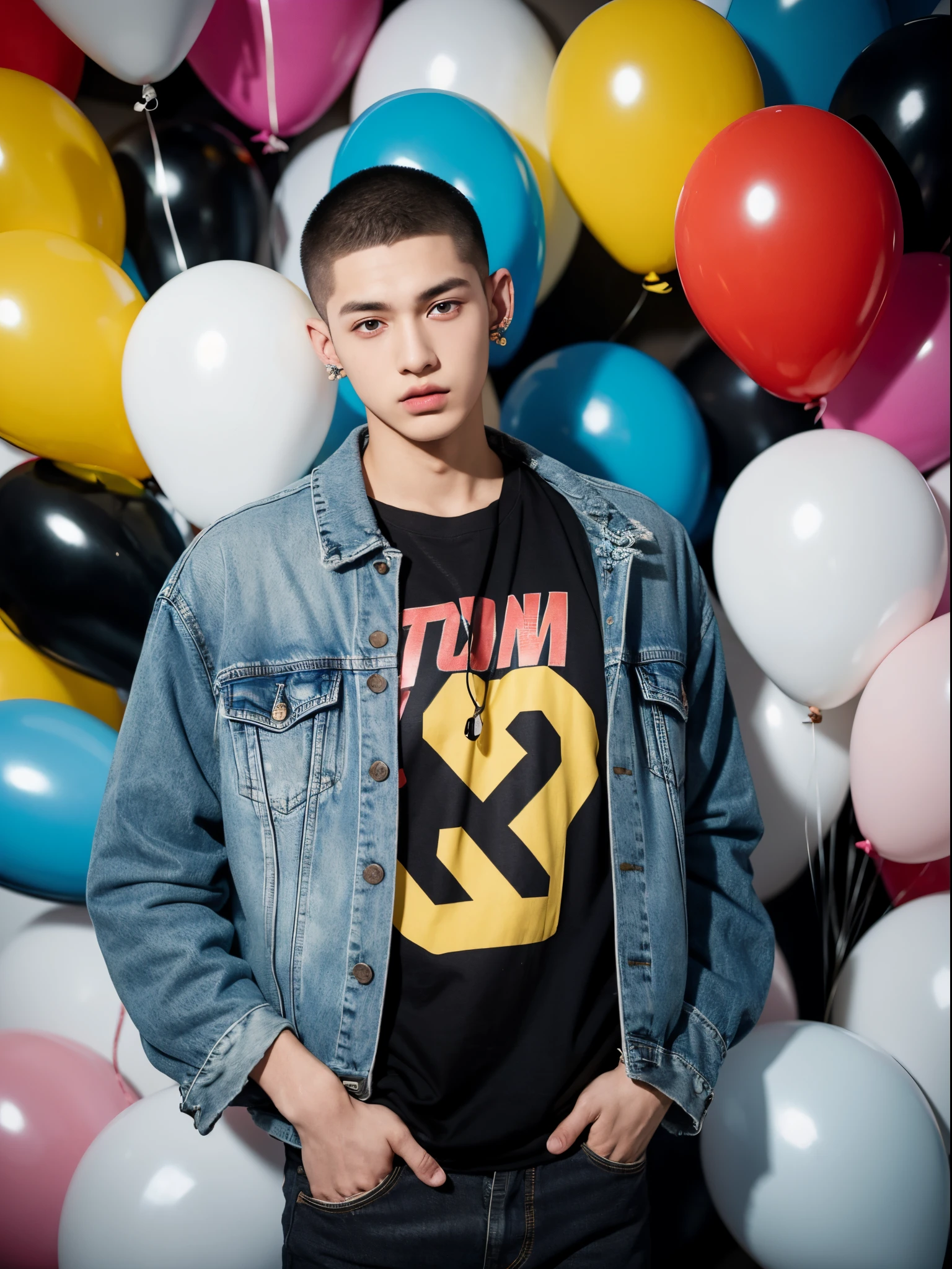 male, 20 year old boy, black eyes, buzz cut hair, right earring man, denim jacket, half body photo, head facing the camera, colorful balloons in the background, street