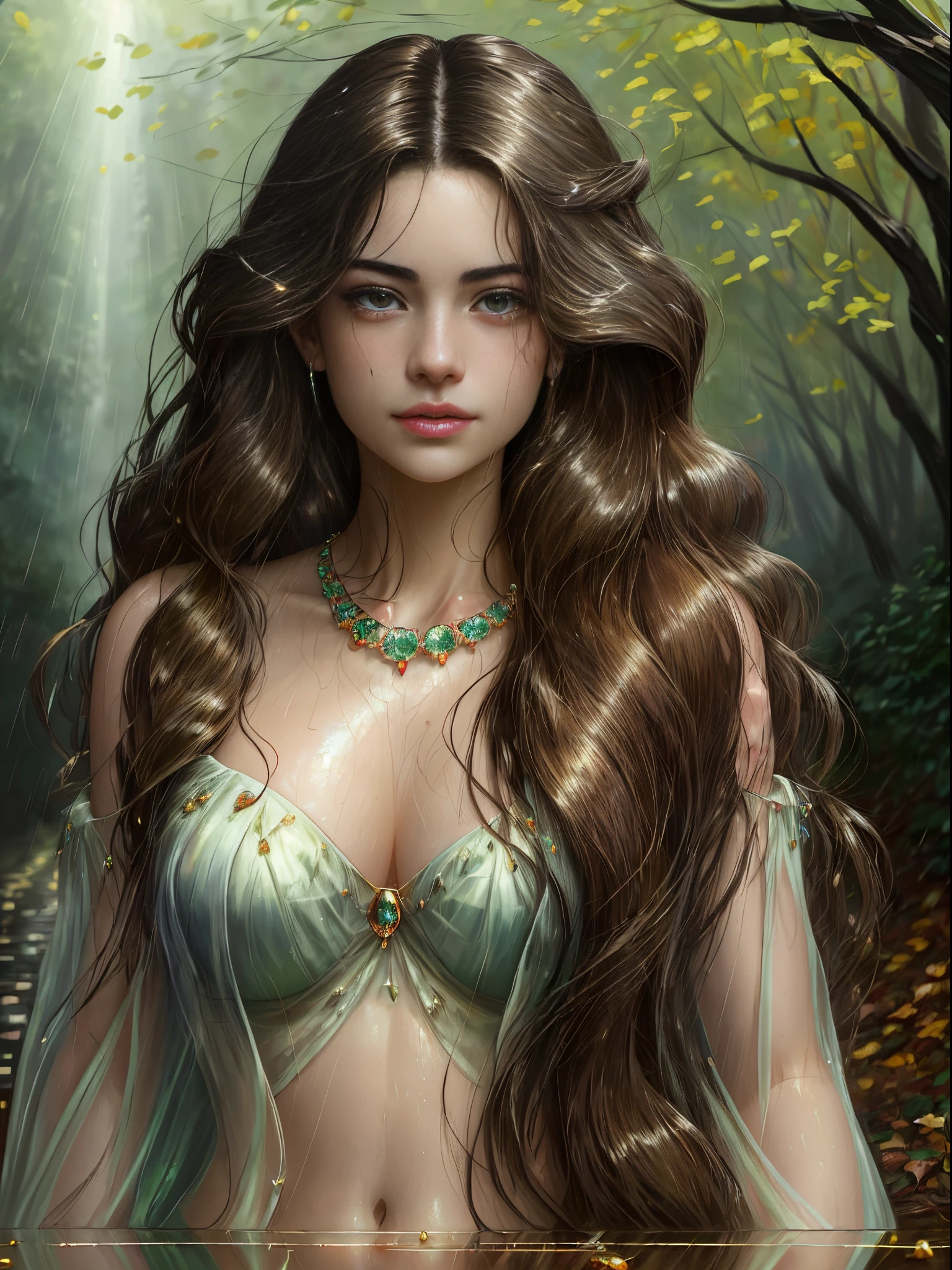 (( huge smiling :0.4)) (( open mouth:0.3)) (impressionist masterpiece oil painting depicting closeup) of an alluring sexy curvy woman ((( Anne Hathaway:Selena Gomez:0.6))), walking on a wet street on a rainy day, (wearing gemstones, body covered in precious stones:1.4), navel, wet long brown wavy hair with highlights, wet glistening skin, vivacious, lustful glance, exhilarated, reflections on street (beautiful detailed eyes:1.1) , (passionate expression:1.2) intense dramatic lighting, falling greenery, trees bushes and flowers bokeh, backlit, light rays, highly detailed, trending on artstation, paint splashes, rich colour, falling leaves & flowers all around,(perfect long wavy hairstyles), abstract portrait, by Atey Ghailan