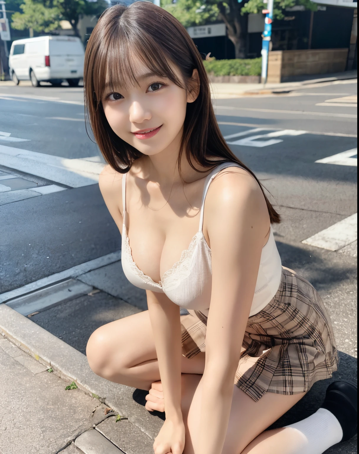 ​masterpiece:1.3), (8K, Photorealsitic, Raw photography, Top image quality: 1.4), (1 Japan  Girl)、hair messy, asymmetrical bangs, light brown hair、cleavage of the breast, Super Detail Face、Eye of Detail、Bring your chest together、foco nítido、1 cutest woman、light brown hair、top-quality、​masterpiece、超A high resolution、(Photorealsitic:1.4)、Highly detailed and professional lighting smile、slender, girl、乃木坂アイドル、韓国アイドル、hposing Gravure Idol、女優、age19、tall, flank、slim , Skinny Legs, (knees up:1.2),