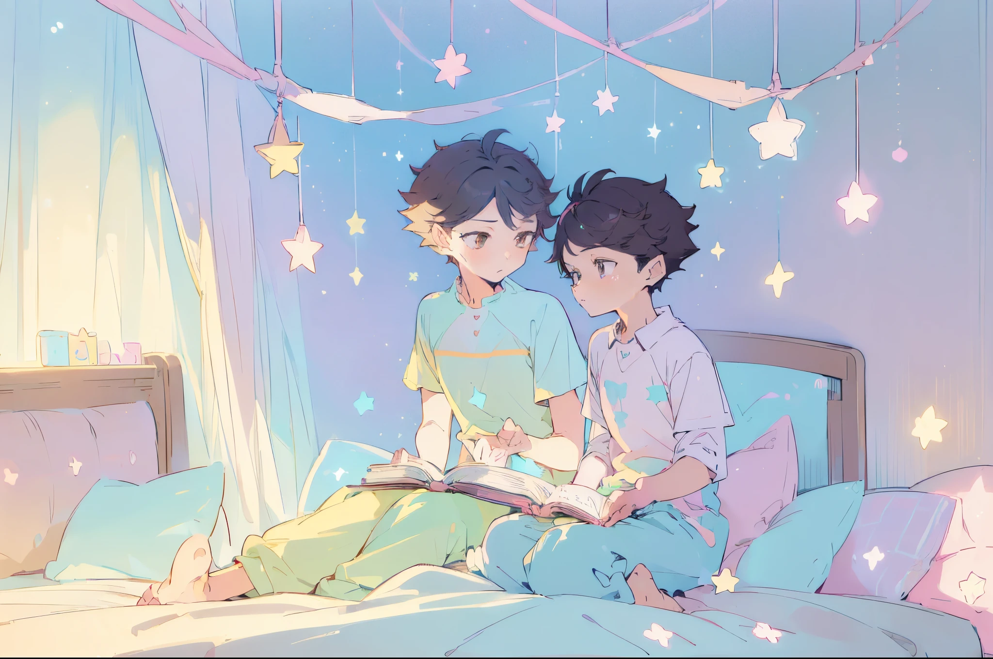 ((2 boys sitting on bed)), black hair,reading a book, bedroom, cute room, pastel colors,kawaiitech,cute colors,kawaii,stars are hanging above bed,bedtime stories,masterpiece,ultra detailed,flat coloring,cute flat colors,oikawa tooru,brown hair,brown eyes