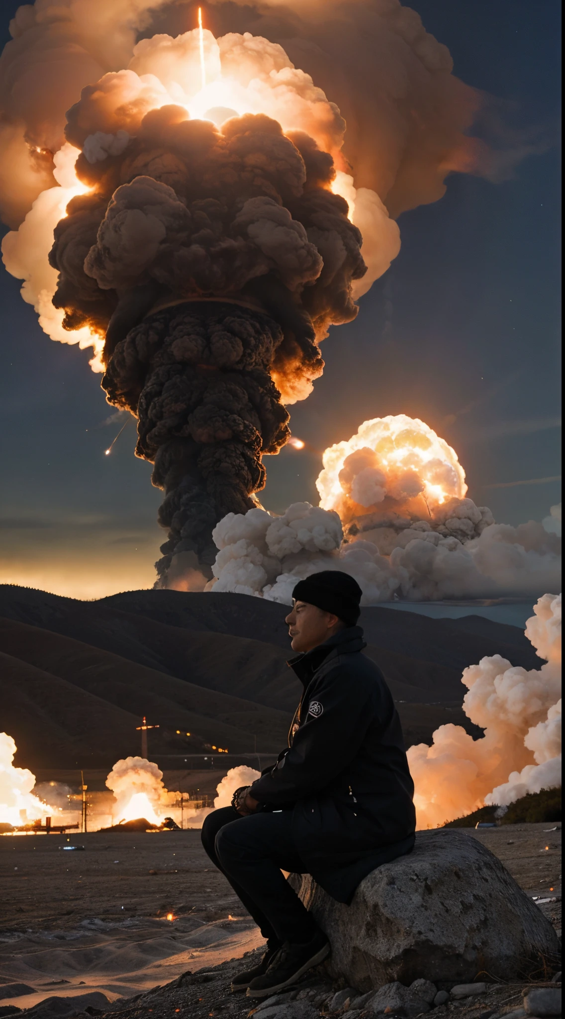 Scientist sitting calmly with a nuclear explosion in the background