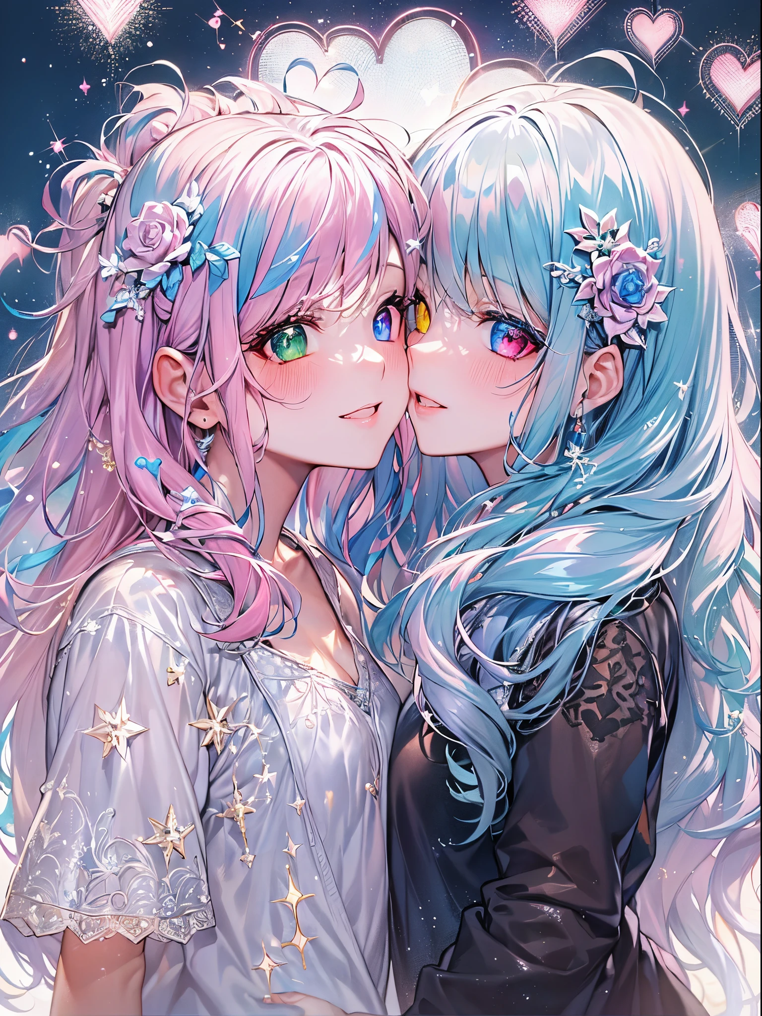(2 girls in), {{{Glitter Pupil:1.25, Heart-shaped pupil}}}),((Half blue and half pink hair,Shiny hair,Glowing hair)), (Heterochromia), (Light focus , Warm light gradient,Bright light gradient , Lens Flare, Fluffy, kirakira, Dreamy), ((masutepiece, of the highest quality, Beautiful and aesthetic)), {{{The best lighting, Very delicate and beautiful,Cinematic Light}}}, (delicate detail,Hyper-detailing, intricate-detail)